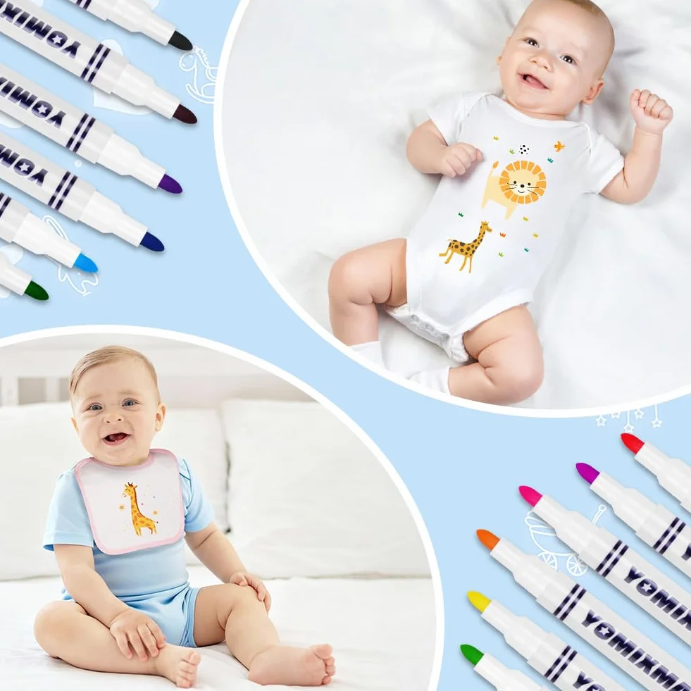 Bavoirs Peinture 6PCS avec Grenouillères 6PCS, 12 Stylos Textiles, 22 Pochoirs, Cadeau Babyshower DIY (9-12mois)