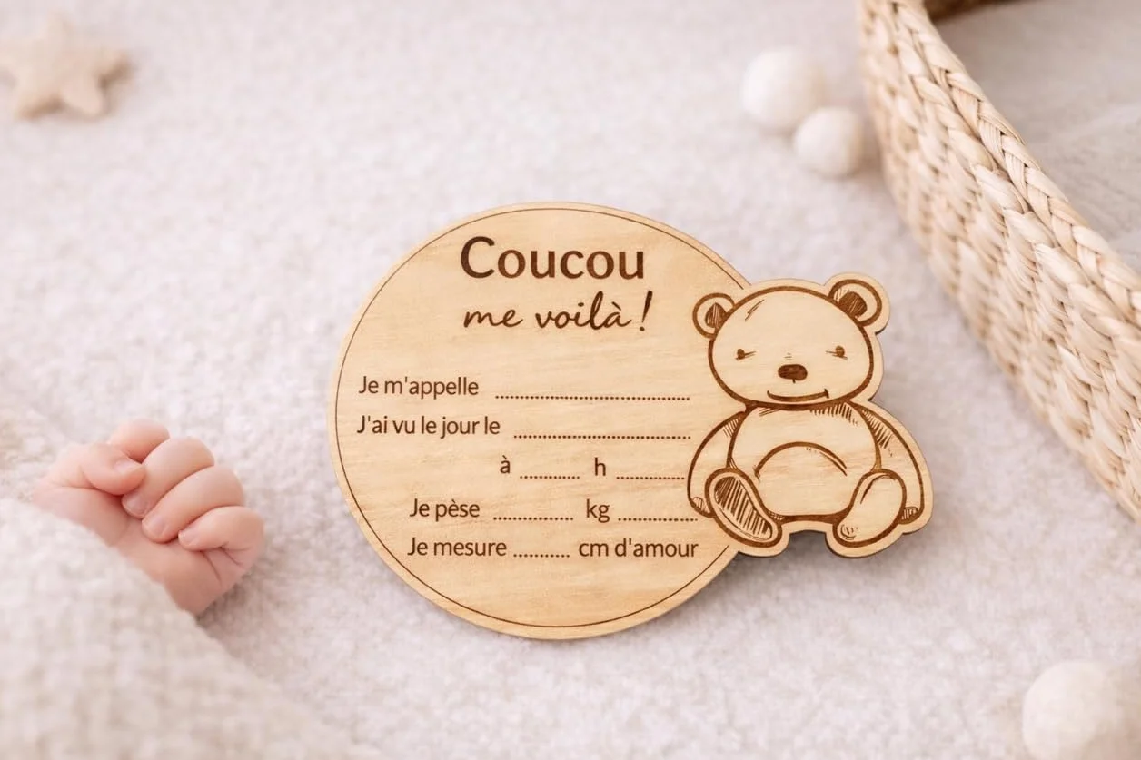 Carte bienvenue annonce naissance prénom bébé bois français - Disque prénom bébé date heure poids taille - Accessoire pancarte photo nouveau-né souvenir maternité