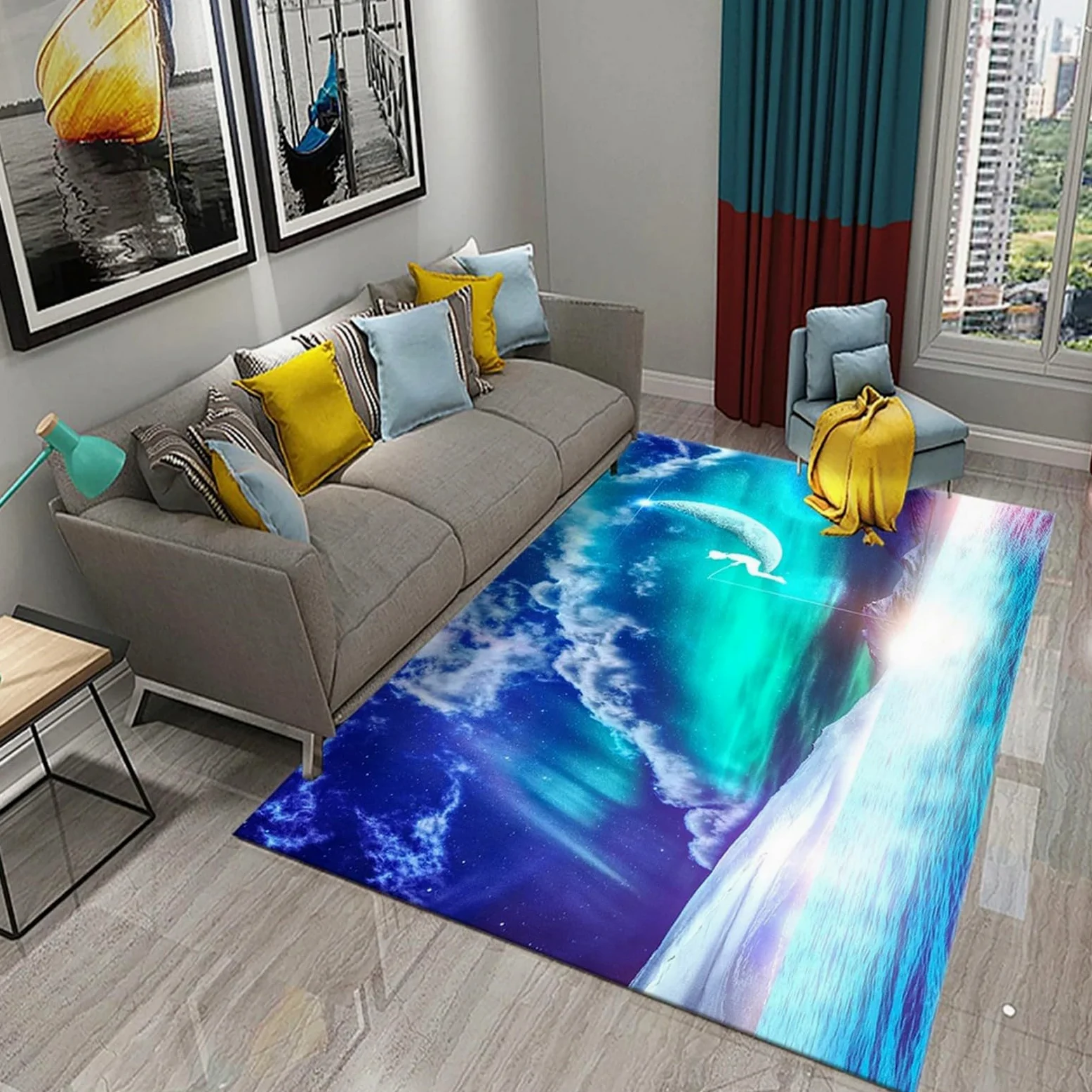 Tapis Salon, Paysage D'Étoiles De Lune 3D Imprimé Tapis De Sol Décoration Antidérapant pour Salon Chambre Cuisine Balcon Terrasse Salle À Manger Intérieur & Extérieur 100 X 150 Cm -877710346906