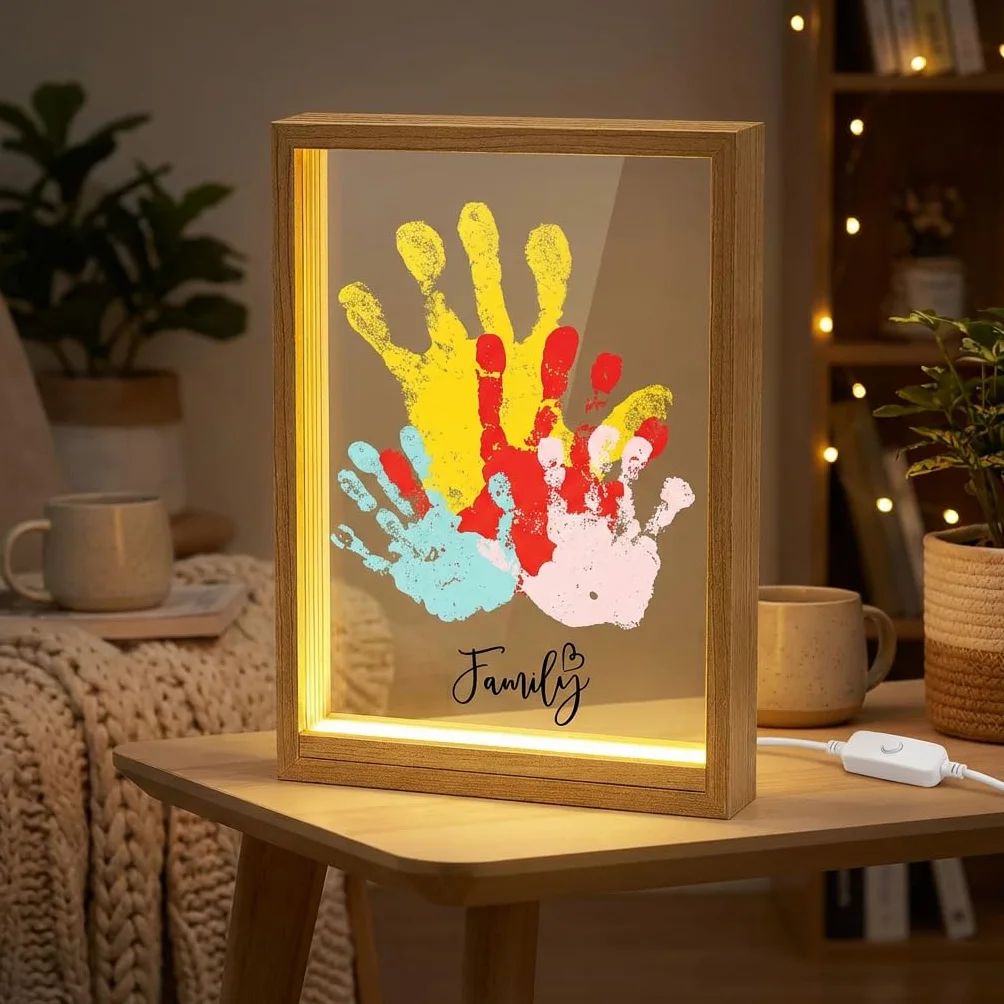 Cadre LED en Bois Kit Empreinte Famille Bébé Souvenir Personnalisé Décoration Murale Cadeau Naissance