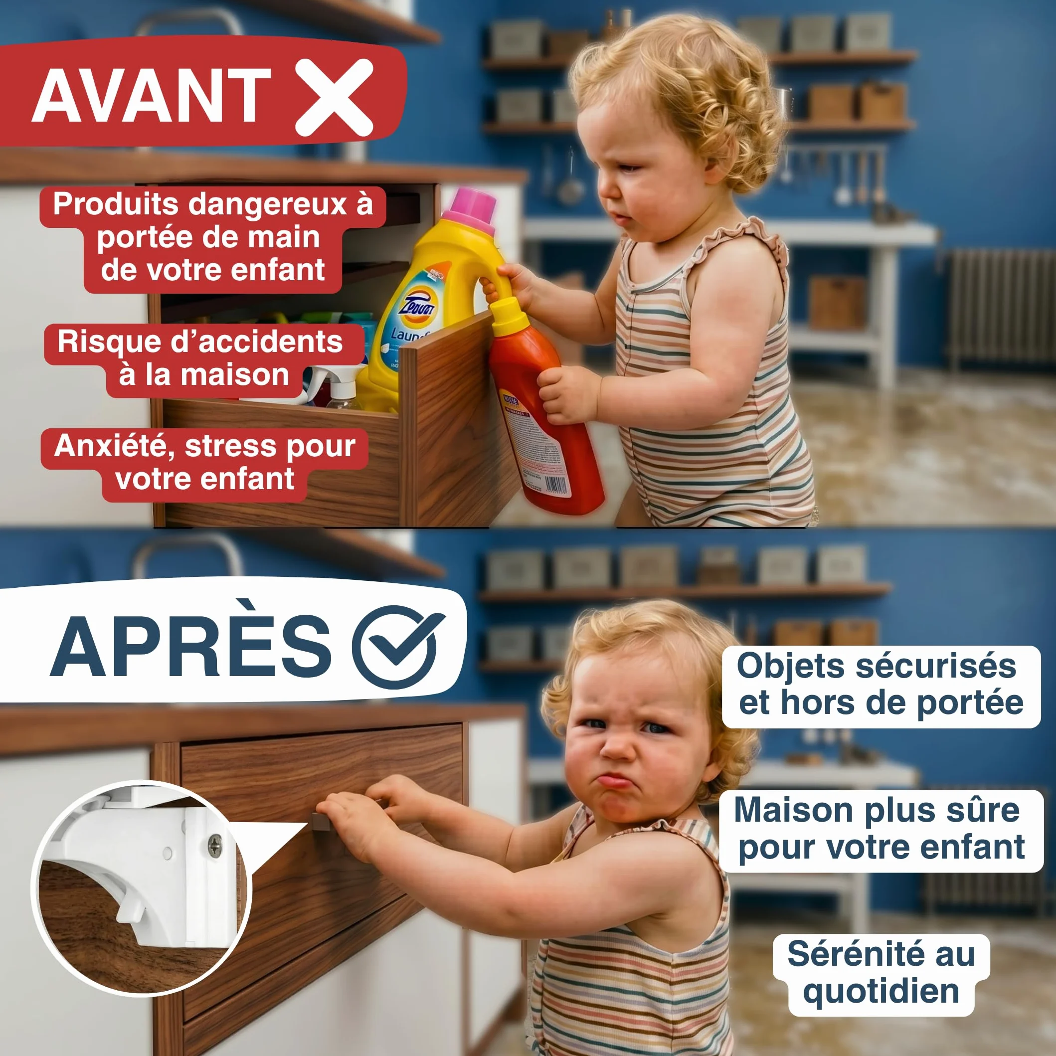 Serrure Magnétique Invisible 10 Verrous 2 Clés Protection Placards Portes Tiroirs Blocage Sans Perçage