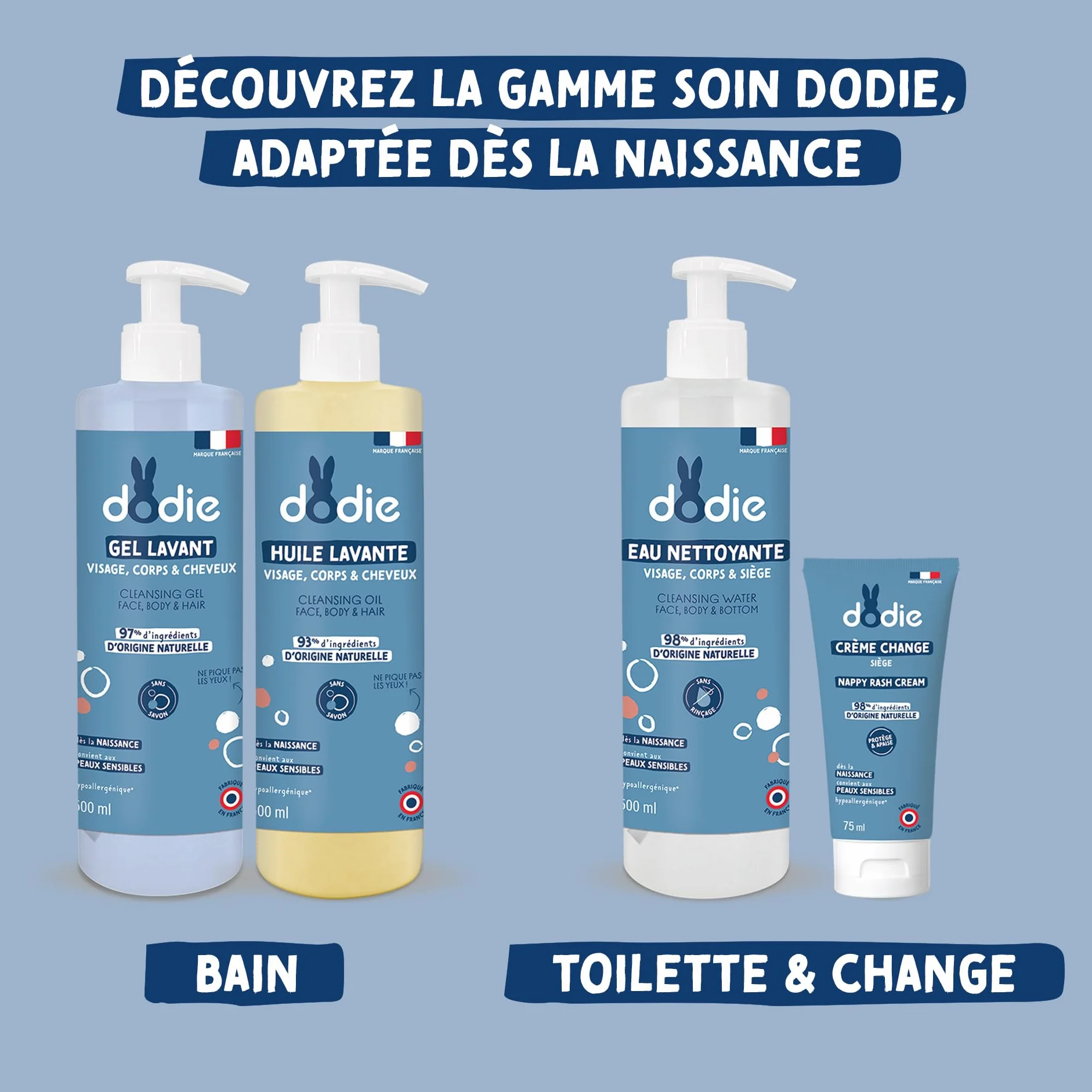DODIE Gel Lavant 3 en 1 500 mL Nettoyant Visage Corps Cheveux Hypoallergénique Dès la naissance