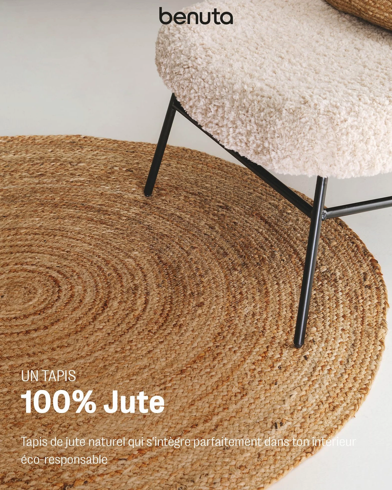 benuta Jutta Tapis en Jute Naturel - Rond 90 cm - Tapis de Salon tissé à la Main - Design Naturel - Convient pour Chauffage au Sol