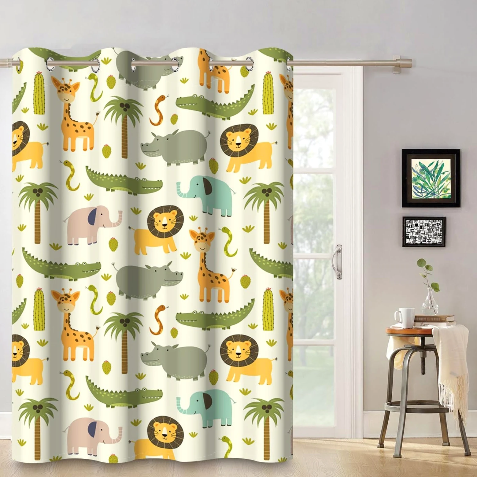 135x245cm Rideau à œillets Animaux pour Chambre d'enfant Girafe Lion Tropical Jungle Mignon Dessin animé Occultant Isolant Rideaux de fenêtre pour Salle de Jeux Salon,1 Panneau Simple