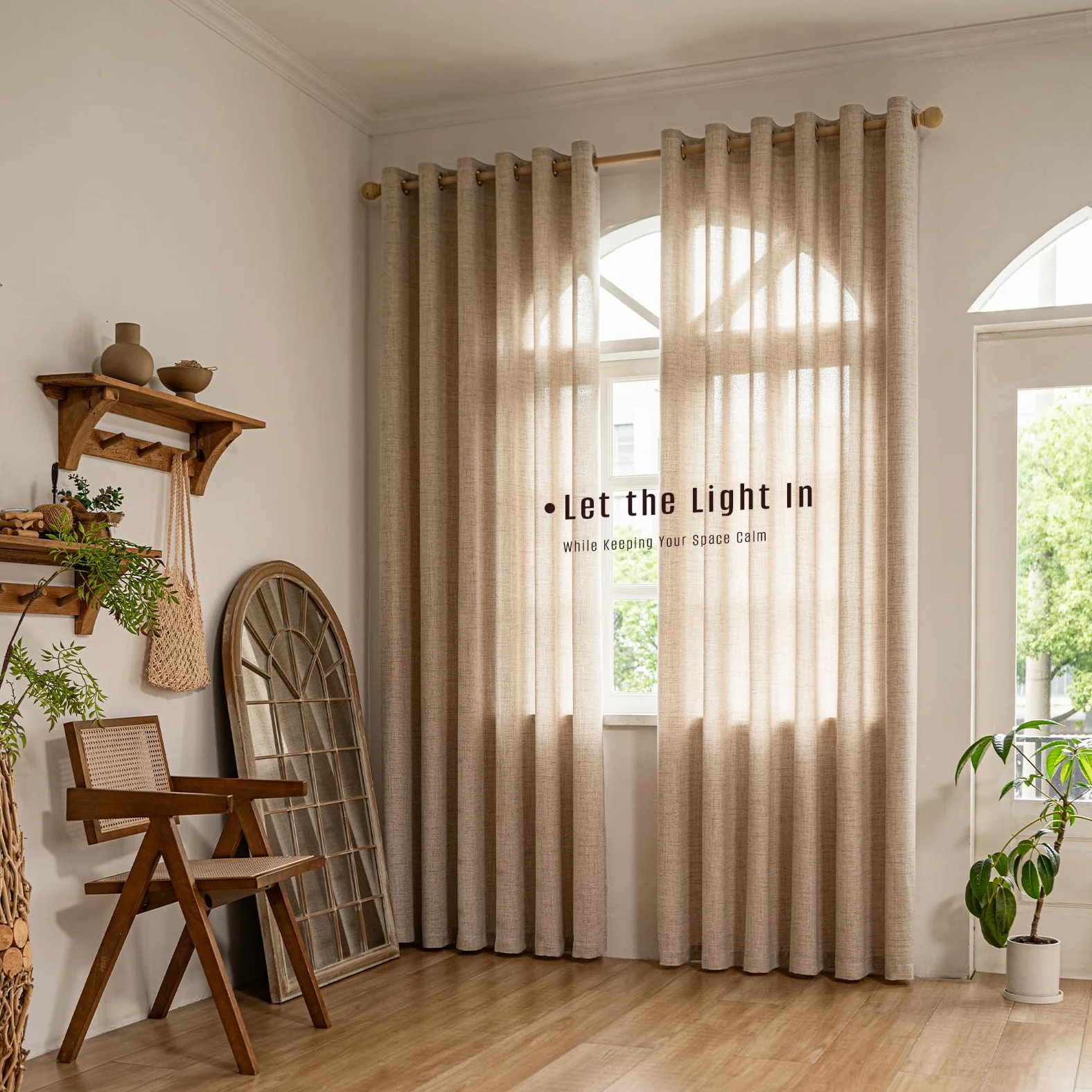 Rideau Voilage Translucide Lin à Œillets Lot 2 140x245 cm Lin Naturel | 230 GSM Tissu Épais | Aspect Lin Naturel | Filtre la Lumière du Jour & Préserve l’Intimité