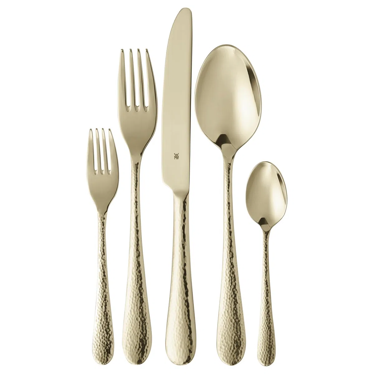 Ménagère WMF Sitello pour 6 personnes, édition or, ménagère 30 pièces, couteau monobloc, acier inoxydable Cromargan poli, finition martelée, ergonomique, brillant, doré