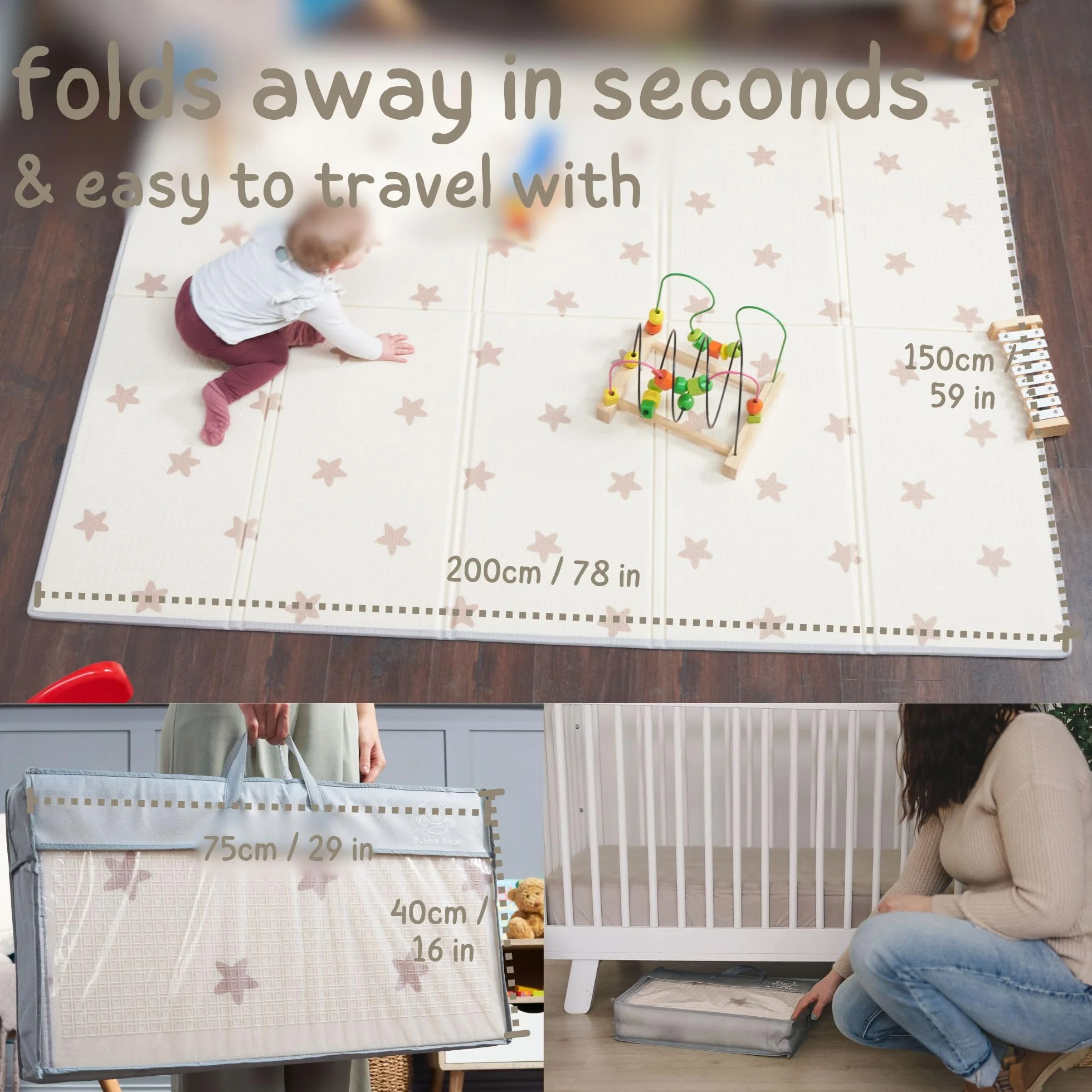 Bubba Bear Tapis d'éveil XXL en Mousse Pliable Réversible 200x150 cm Beige pour Bébé