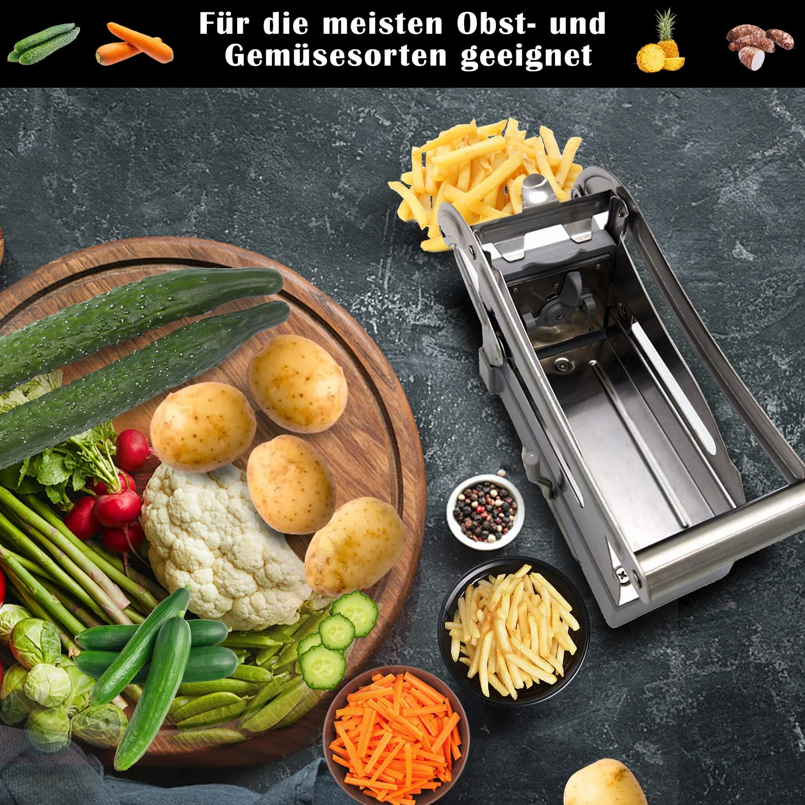 Coupe Frite Professionnel Acier Inoxydable Manuel avec 2 Inserts Coupe Pomme de Terre