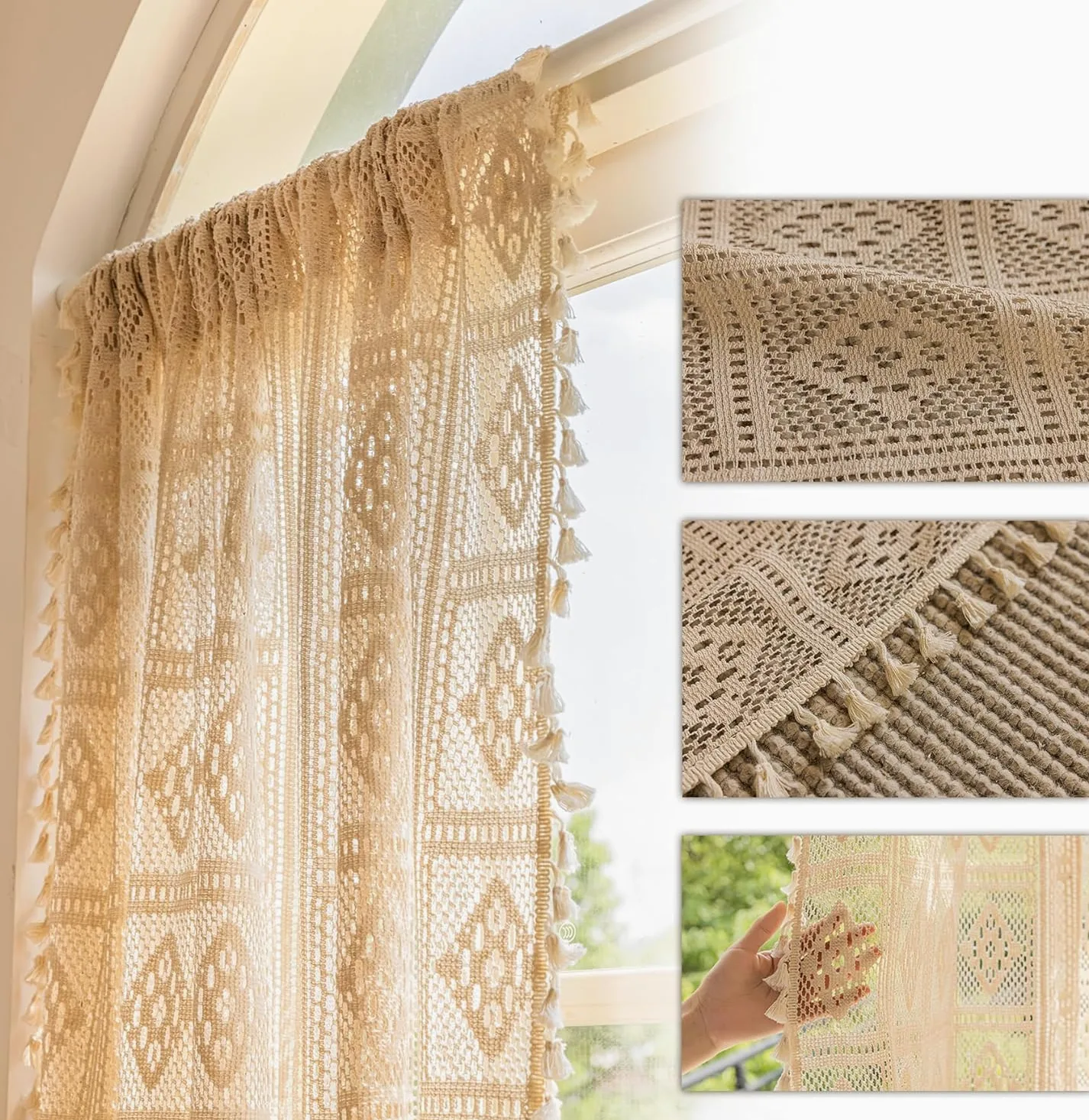 RunFar shop Lot de 2 rideaux bohèmes, vintage, style maison de campagne, en coton, beige, avec pompon, pour salon, chambre à coucher, 150 x 280 cm