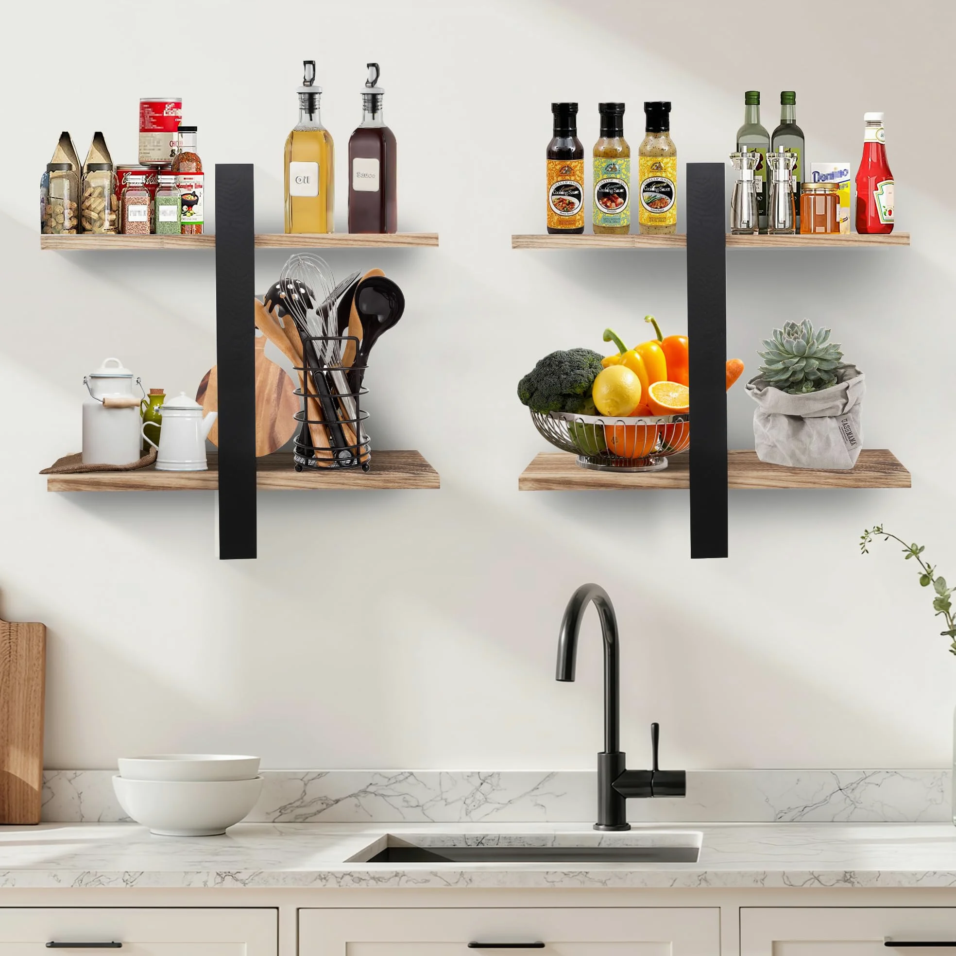 Lot de 2 étagères murales de rangement et de présentation pour salon, chambre à coucher, salle de bain, cuisine et bureau (noir + noir carboné)