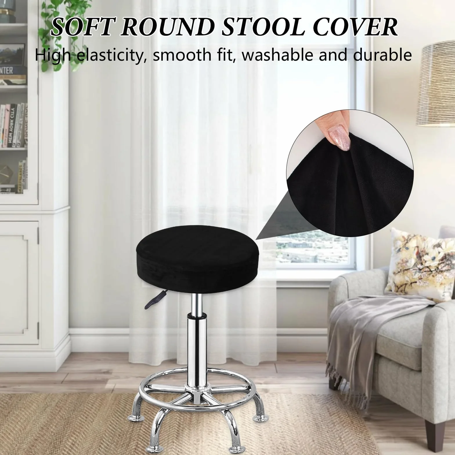 Housse Tabouret Rond Noir 30-40cm Extensible Lavable 2 Pièces pour Bar Restaurant