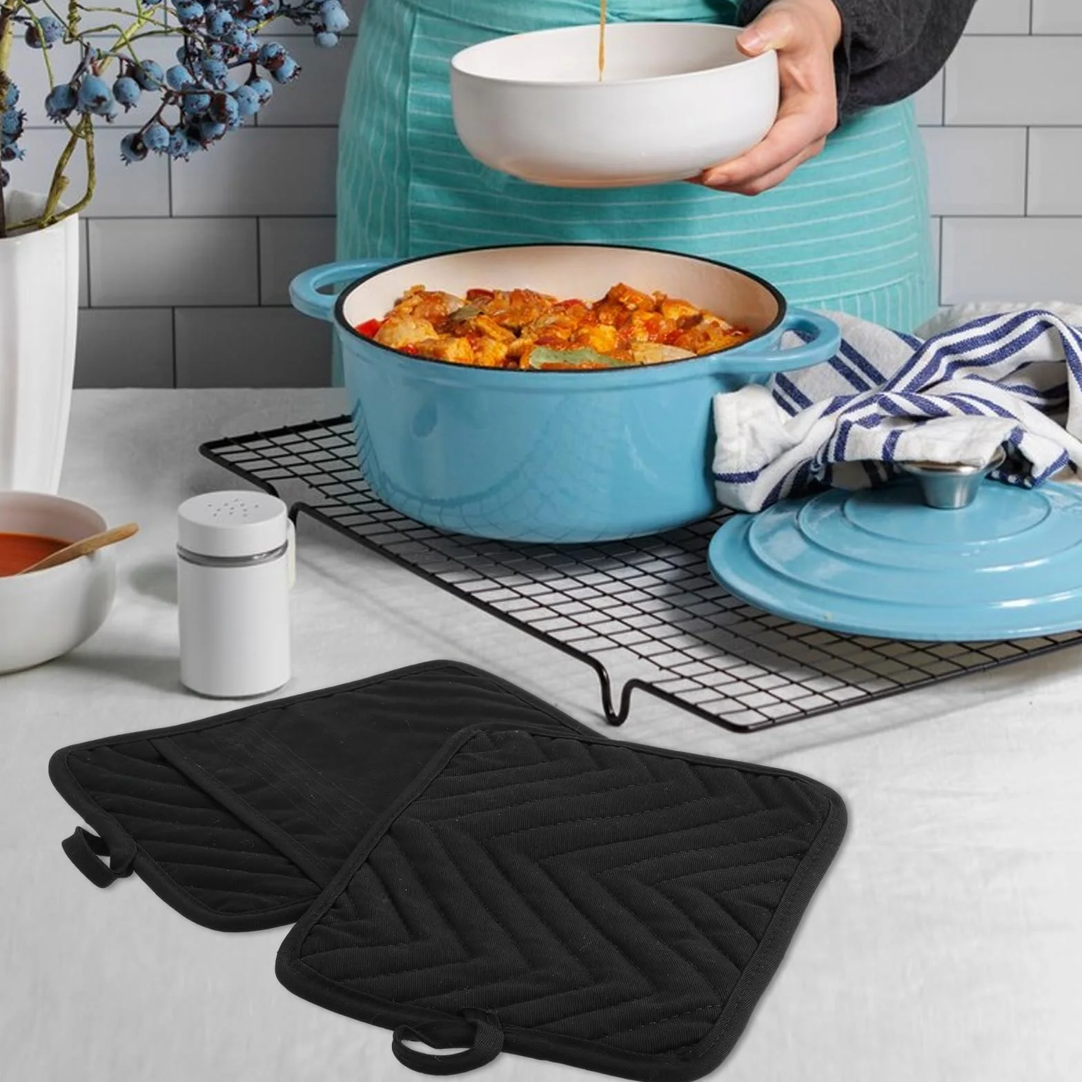 Sibba Maniques noires coton résistant chaleur dessous plat 17,8 x 22,9 cm grands sous-verres carrés cuisine pâtisserie