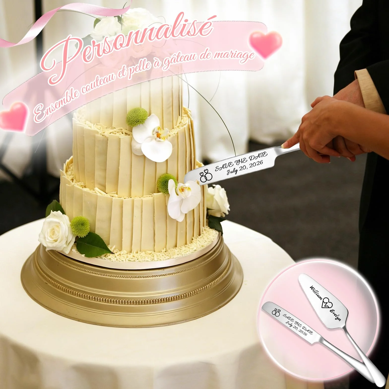 Couteau et Pelle à Gâteau de Mariage Personnalisé en Acier Inoxydable avec Gravure Originale – Noir
