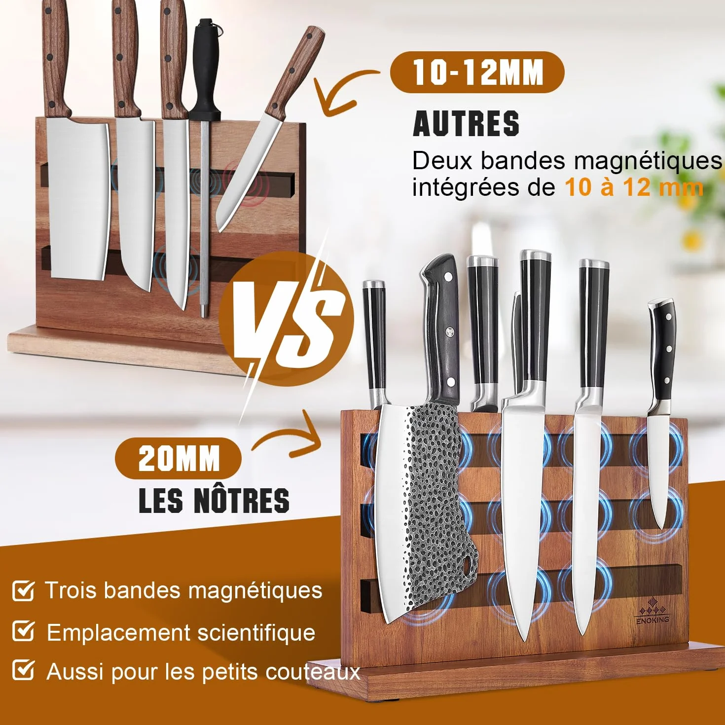 ENOKING Bloc à Couteaux Magnétique 38,6 x 23 cm Double Face Bois d'Acacia