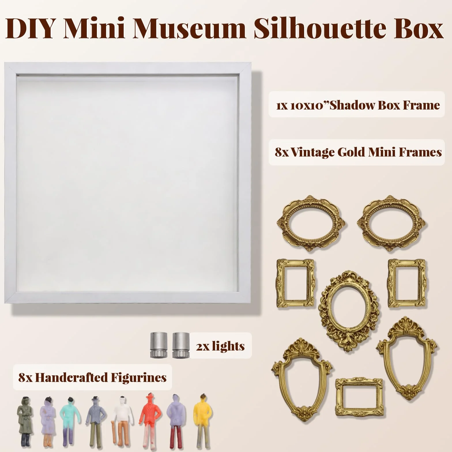 Coffret DIY Mini Musée Silhouette Shadow Box avec Éclairage LED, 8 Cadres Dorés & Figurines Aléatoires