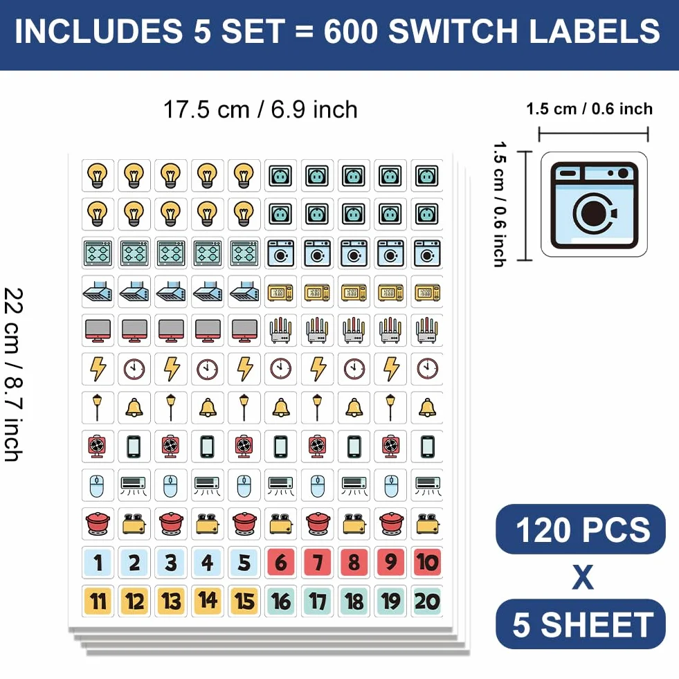 Autocollants pour Interrupteur, 38 Modèles d'Identification Multicolores, 600 Étiquettes pour Maison, Cuisine, École