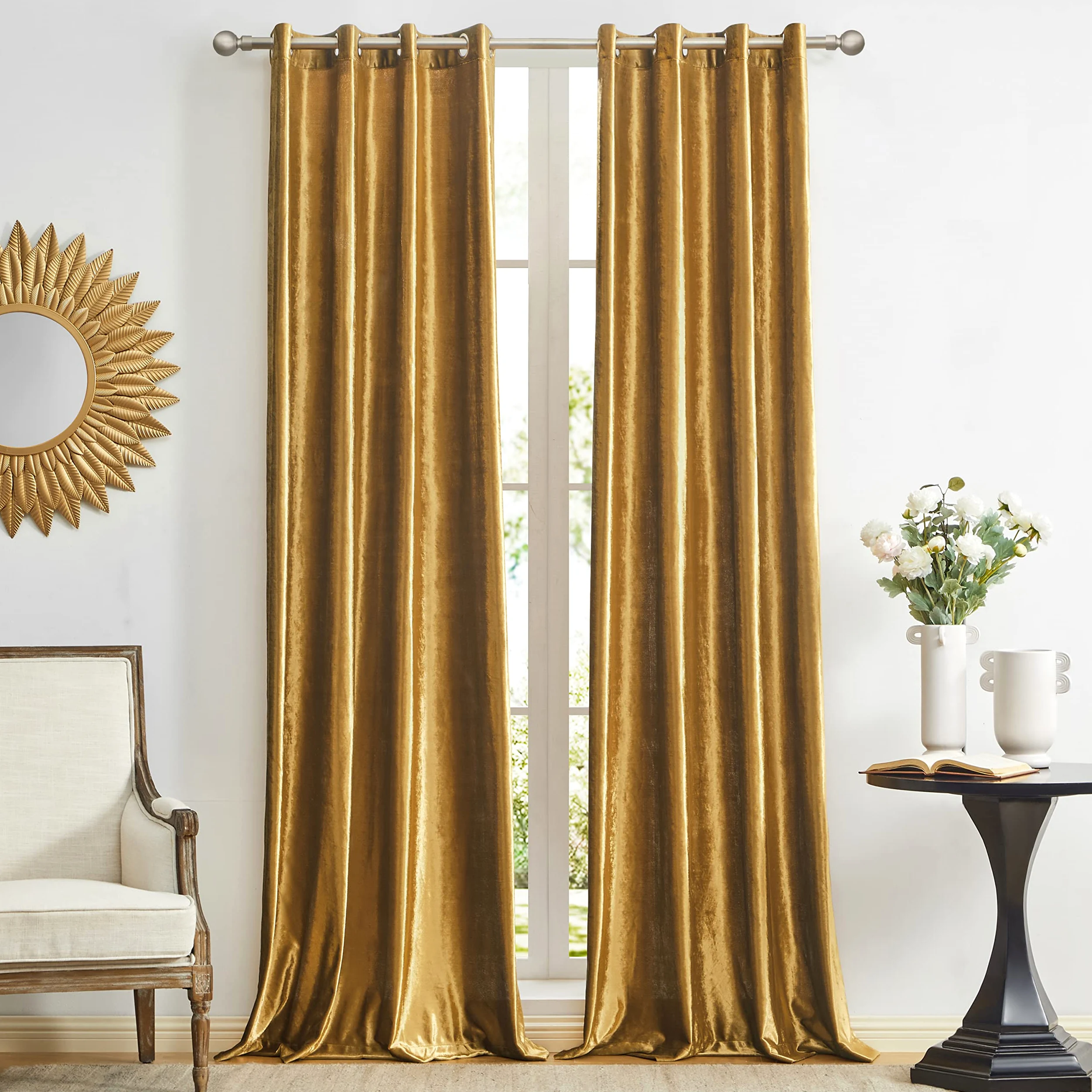GIGIZAZA Rideaux en Velours d'Or 140 x 240 cm (Large X Longue) - Occultants Eyelet Spot pour Salon et Chambre à Coucher - Isolants 2 Pièces