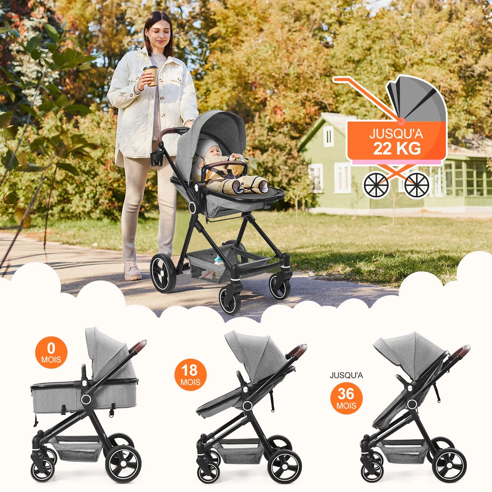 Poussette 2 en 1 Compacte Légère Pliable Siège Inclinable Landau Réglable Tout Terrain 0-3 Ans