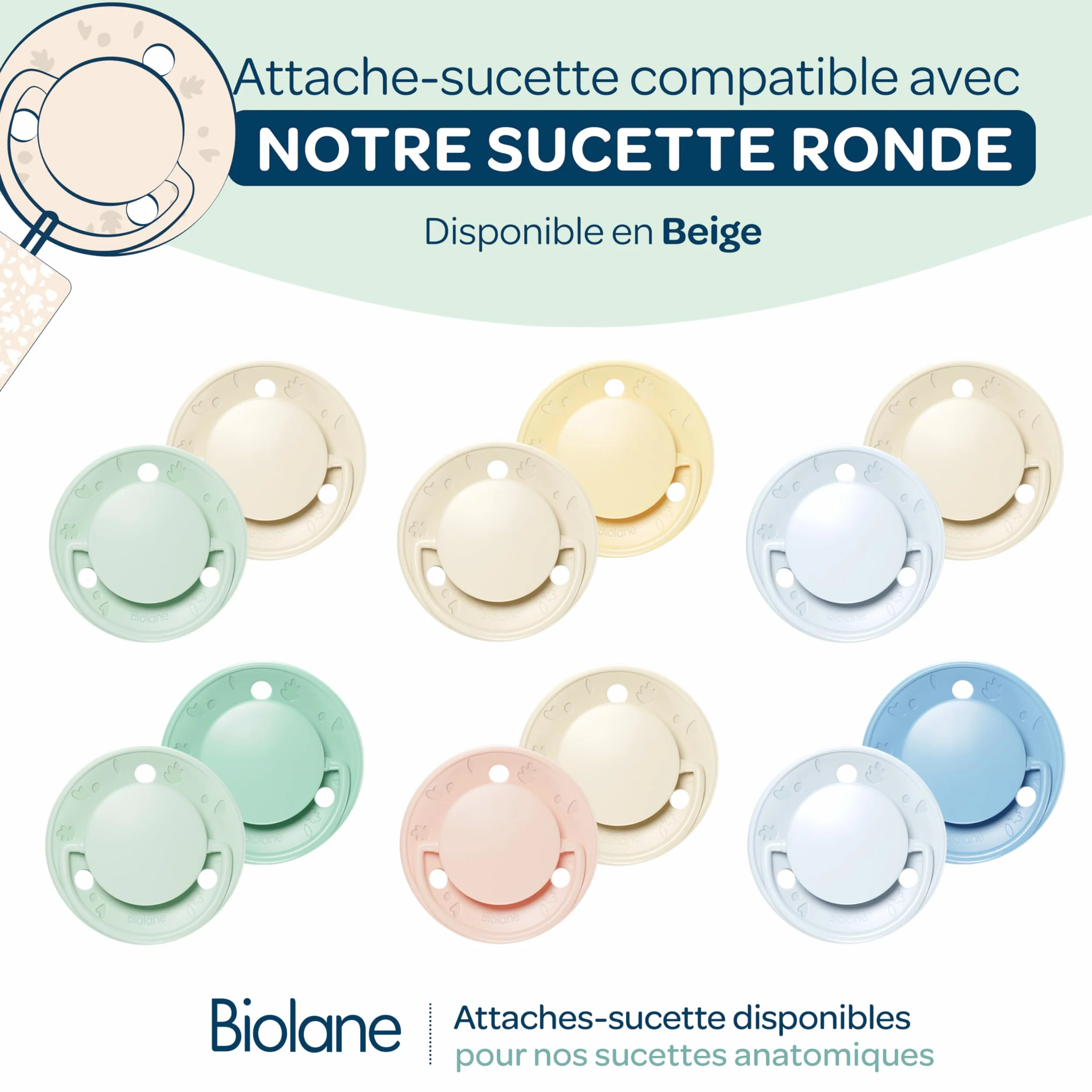 BIOLANE Attache tétine bébé 100% coton beige double sécurité anti-glisse
