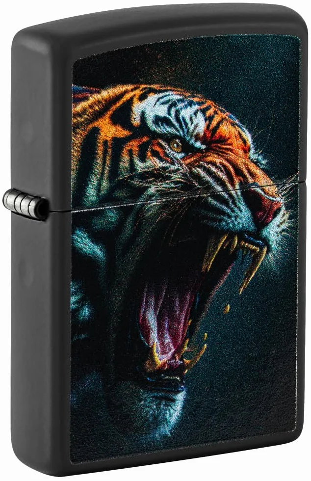 Zippo - Briquet tempête, Motif Tigre féroce, Noir Mat, Impression colorée Color Image, Rechargeable, réutilisable, Coupe-Vent, boîte Cadeau, fabriqué aux États-Unis