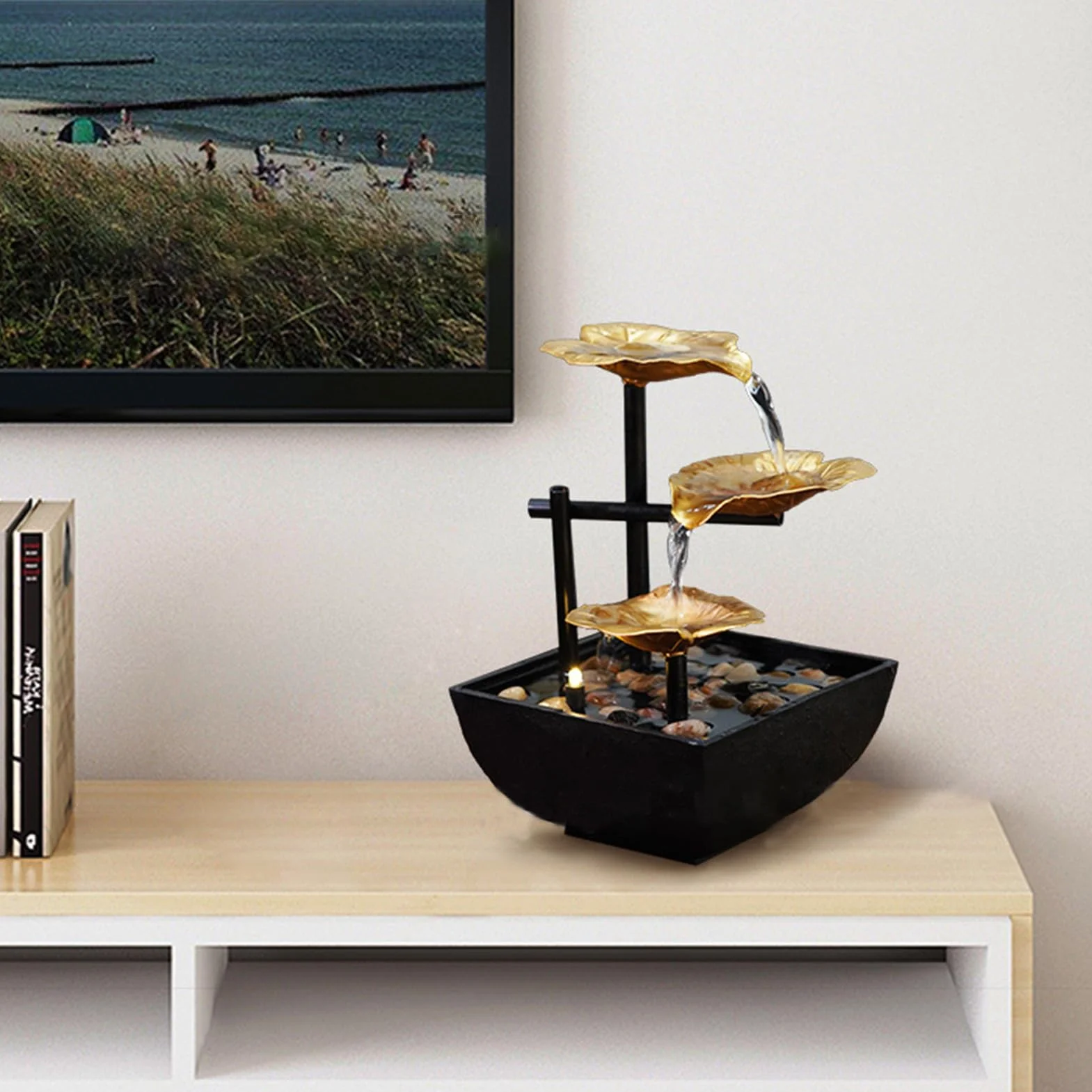 Fontaine de Bureau Métal LED Moderne Décor Table Zen Cascade Eau Courante Or