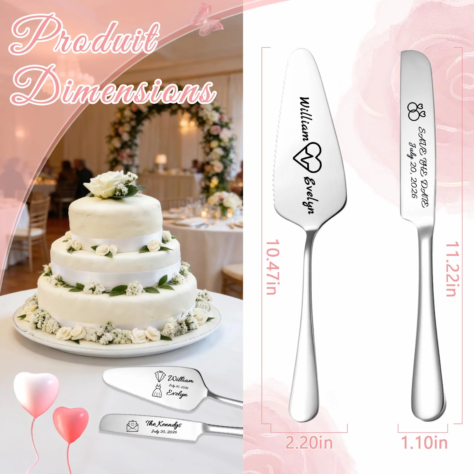 Couteau et Pelle à Gâteau de Mariage Personnalisé en Acier Inoxydable avec Gravure Originale – Noir