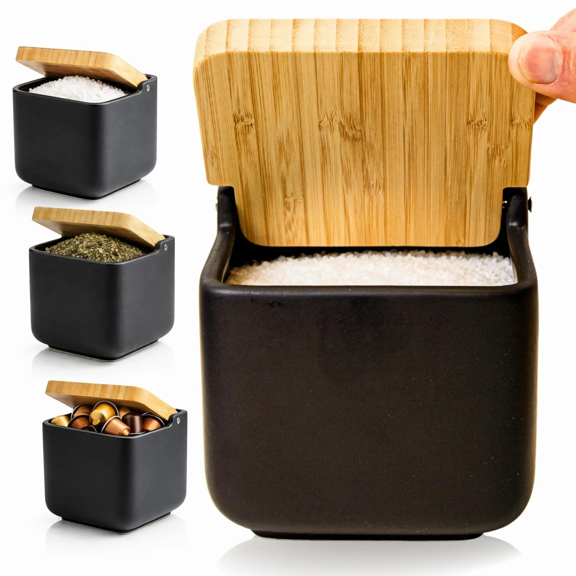 Boîte à sel cuisine céramique avec couvercle bambou 11.5 cm noir