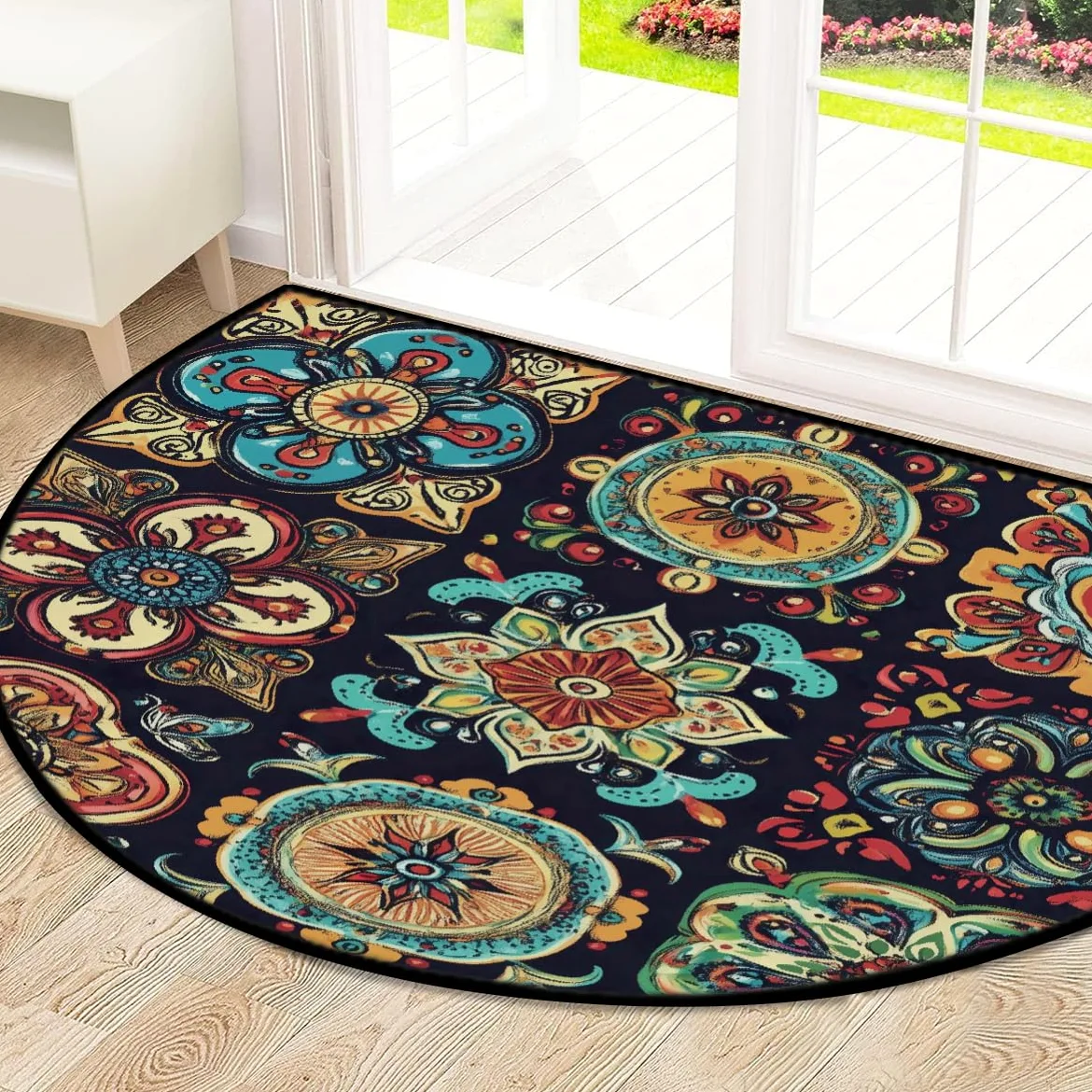 Mexpekil Paillasson mexicain ethnique floral demi-lune pour intérieur et extérieur, antidérapant, lavable, absorbant, anti-saleté, 100 x 160 cm