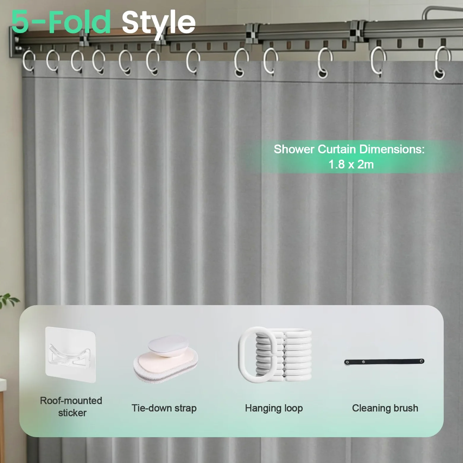 Rideau De Douche Sans Perçage Avec Ventouse, Forme L/U, 5 Plis, 1,8 x 2 m | Ventouse Puissante,Tringle Rideau Douche Pliable Anneaux Pour Douches D'Angle,Barre Douche Angle RéGlable/Extensible Gris