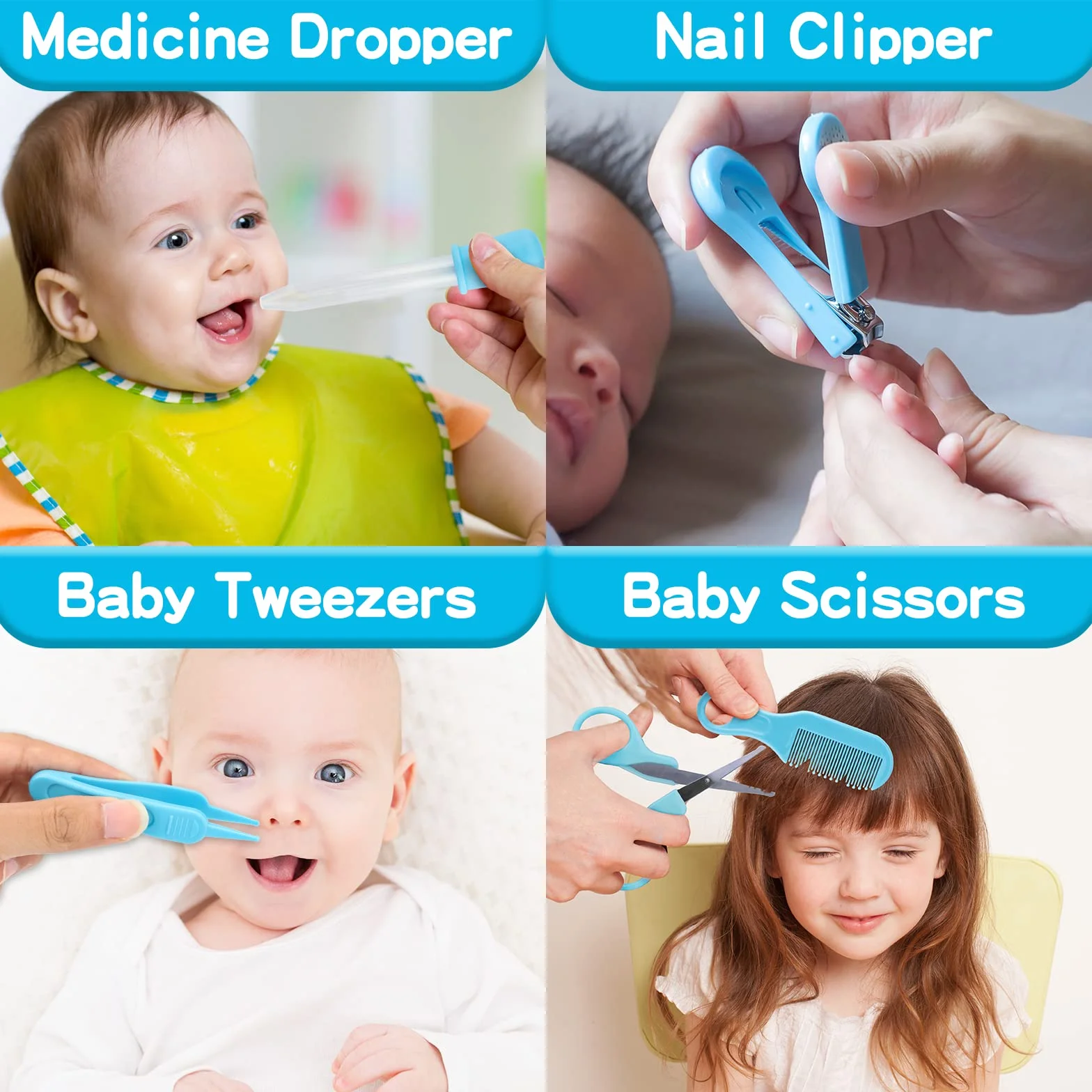Kit de toilettage pour bébé 20 en 1 avec brosse, peigne, coupe-ongles, aspirateur nasal, bleu