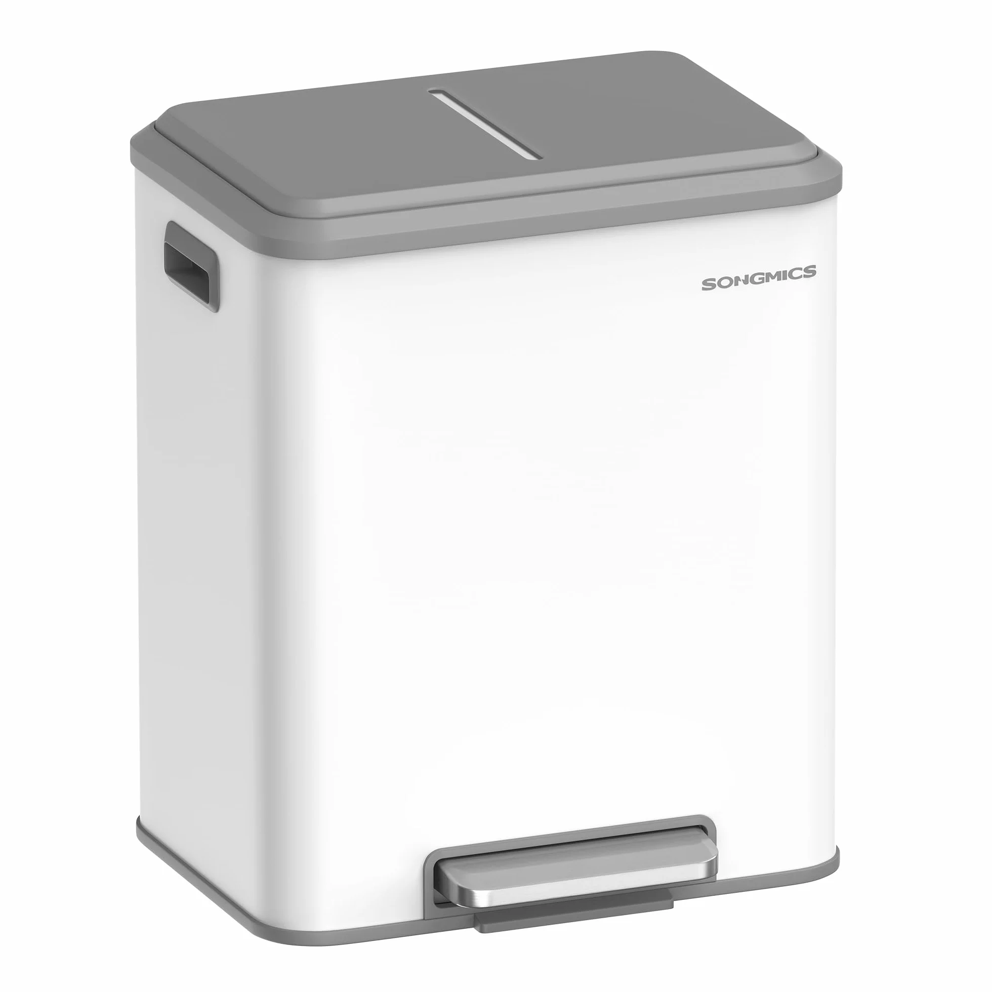 SONGMICS Poubelle de Cuisine Double 2x15L Recyclage Déchets Ménagers Acier Fermeture Douce Pédale Blanc