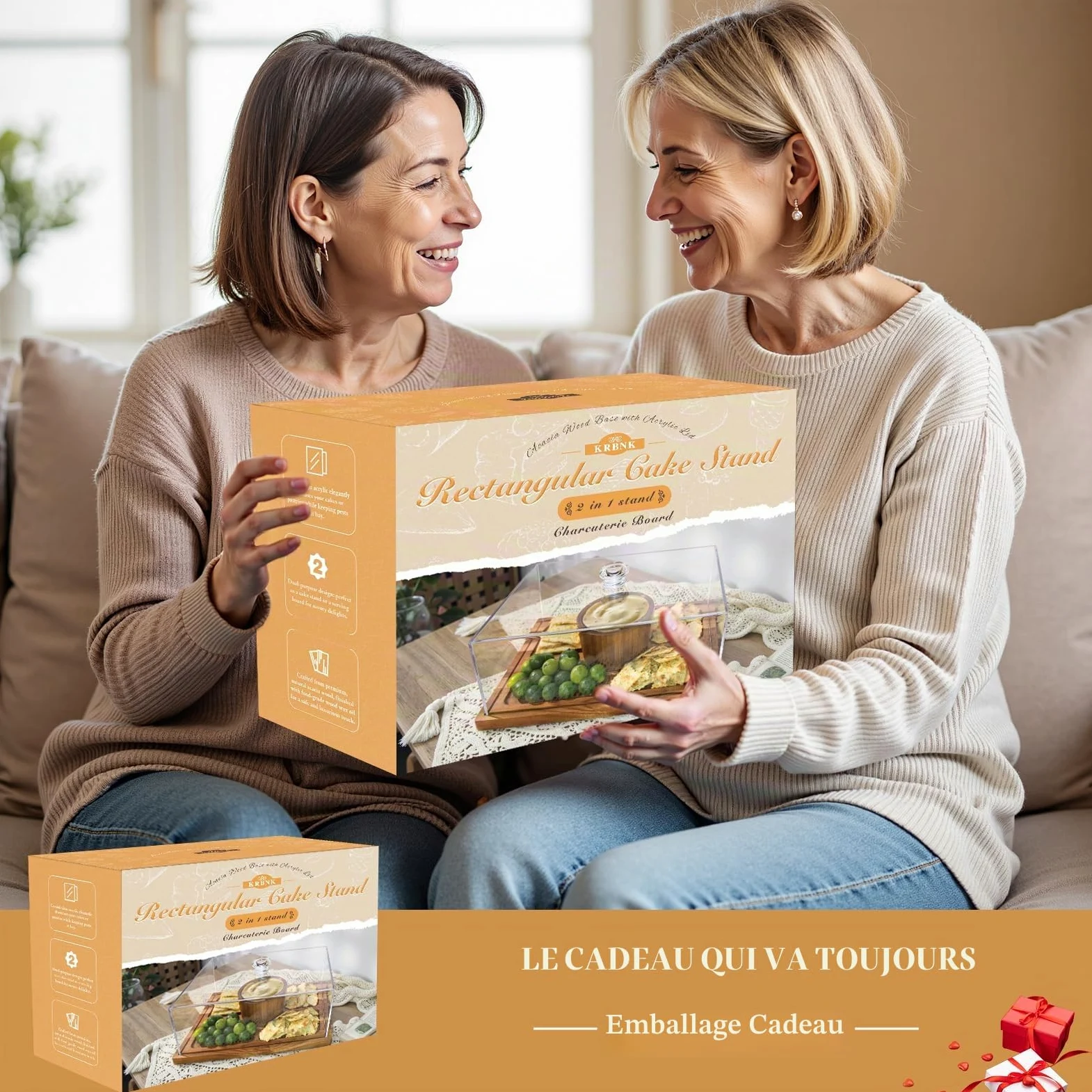 Présentoir à gâteaux rectangulaire en bois d'acacia de 43 cm avec couvercle - Plateau de service et présentoir à desserts 2 en 1, dôme à gâteaux en acrylique incassable (43 cm)