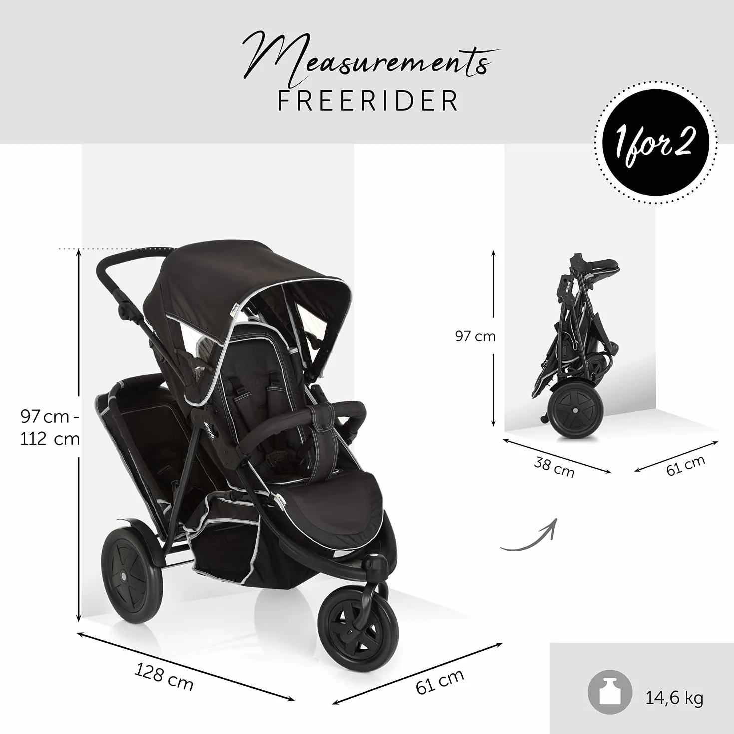 Hauck Freerider Poussette Double 3 Roues pour 2 Enfants Noir - Siège Inclinable, Charge 15 kg, Poignée Réglable, Habillage Pluie Inclus