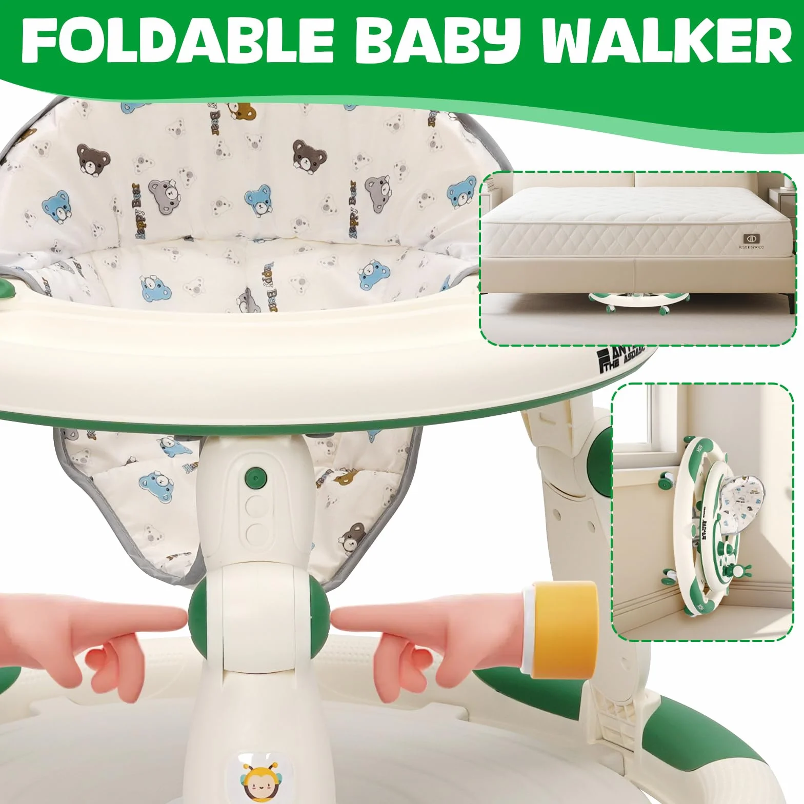 Trotteur Bébé Evolutif 3en1, Jumper Bébé Roues Silencieuses 360°, Centre de Jeux, Table à Manger, Réglable Hauteur, Pliable, Vert