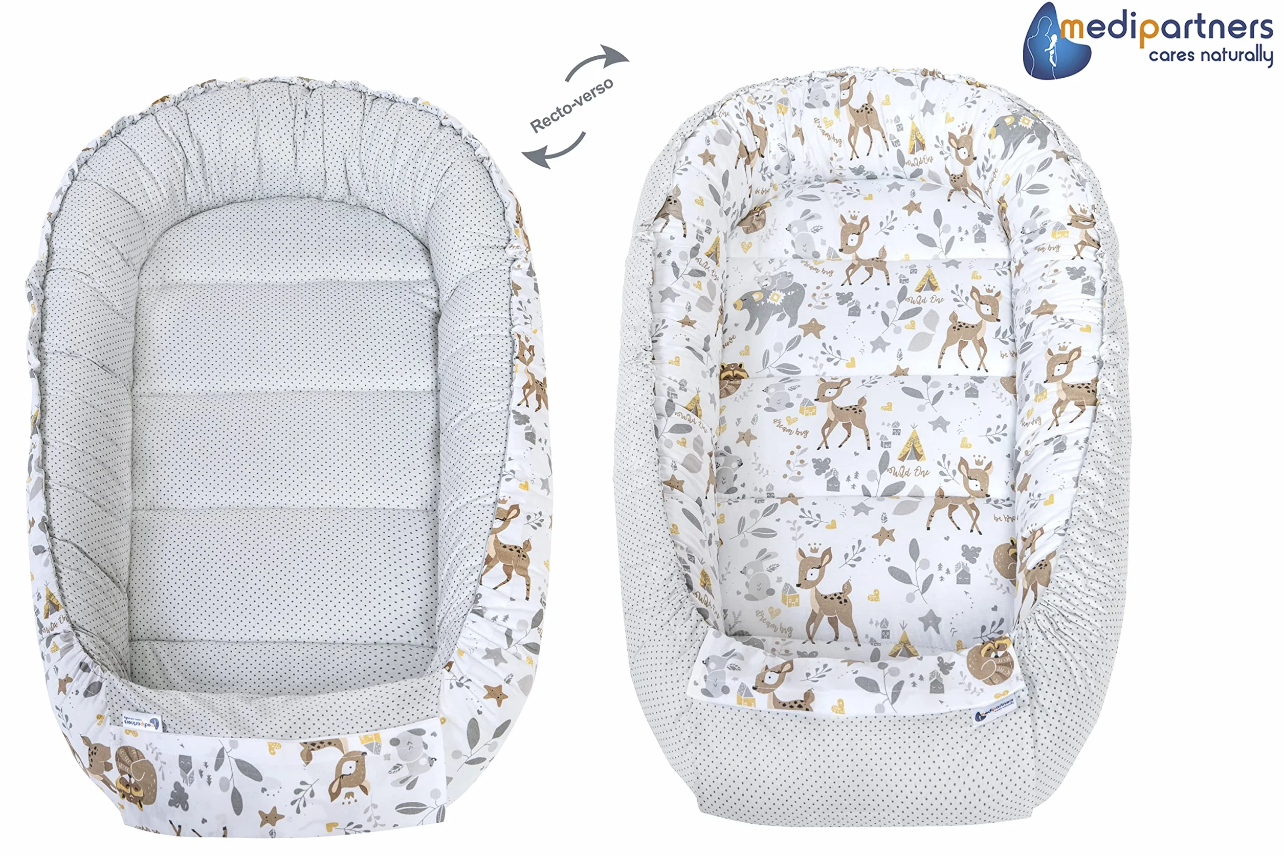 Réducteur de Lit Bébé 100x60x15cm 5 Éléments Cocon Naissance Nid d'Ange Bilatéral Cale 100% Coton Minky Cerf Gris