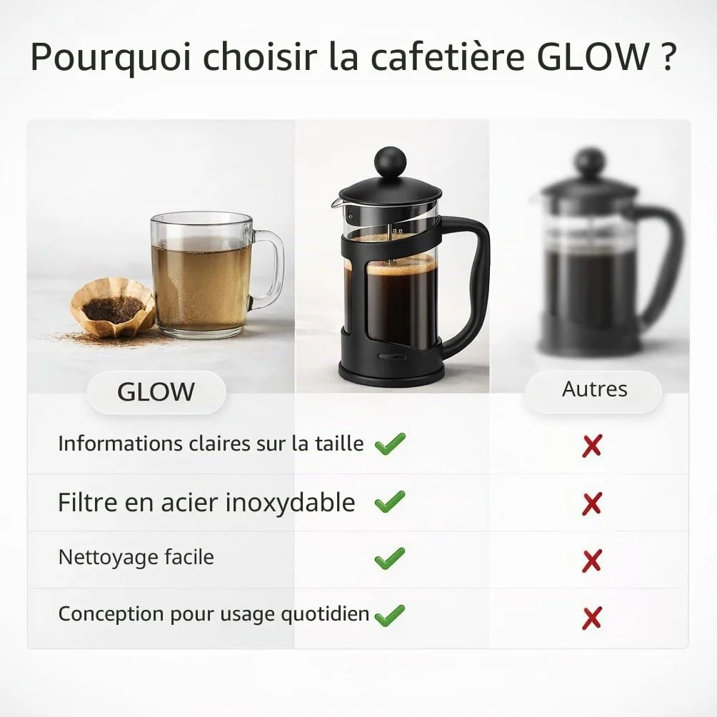 Cafetière Classique Continental Noire 350 ml – Cafetière à Piston en Verre Trempé Résistant aux Chocs