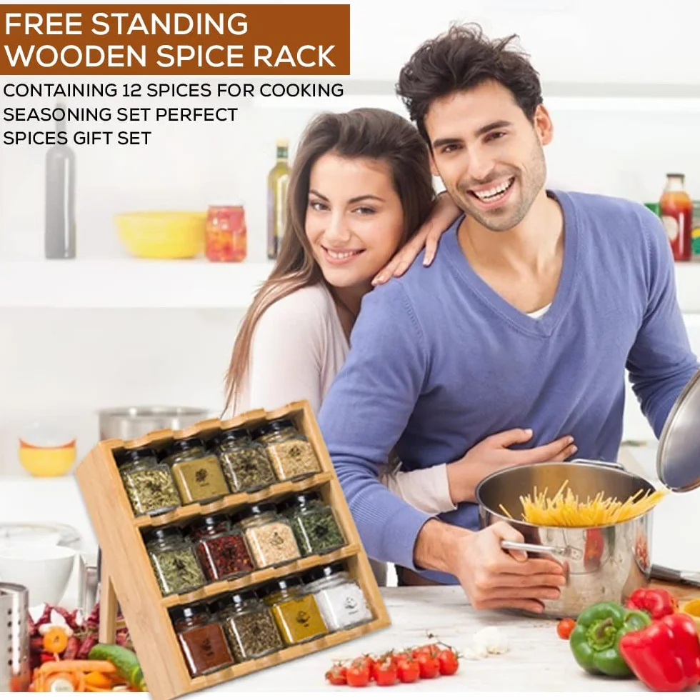 Lot de 12 pots à épices en bois - Recharge sur pied pour herbes - Coffret cadeau cuisine