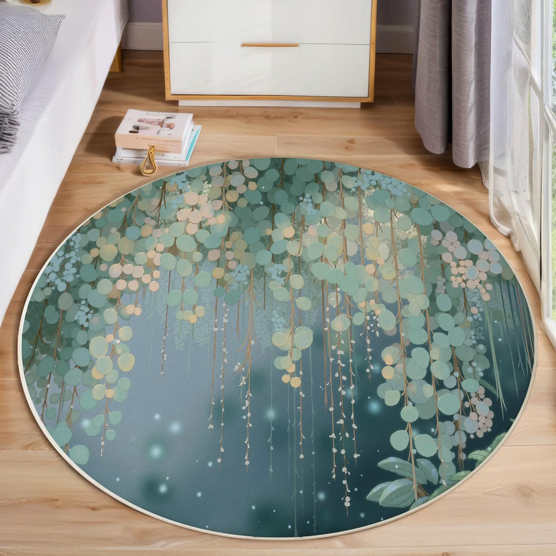 Tapis Rond Feuilles D'Eucalyptus Aquarelle 100 Cm, Lavable En Machine Pour Salon, Ne Perd Pas Ses Poils, Antidérapant | Tapis Esthétique Végétale Pour Chambre À Coucher Chambre D'Enfant, Vert Foncé