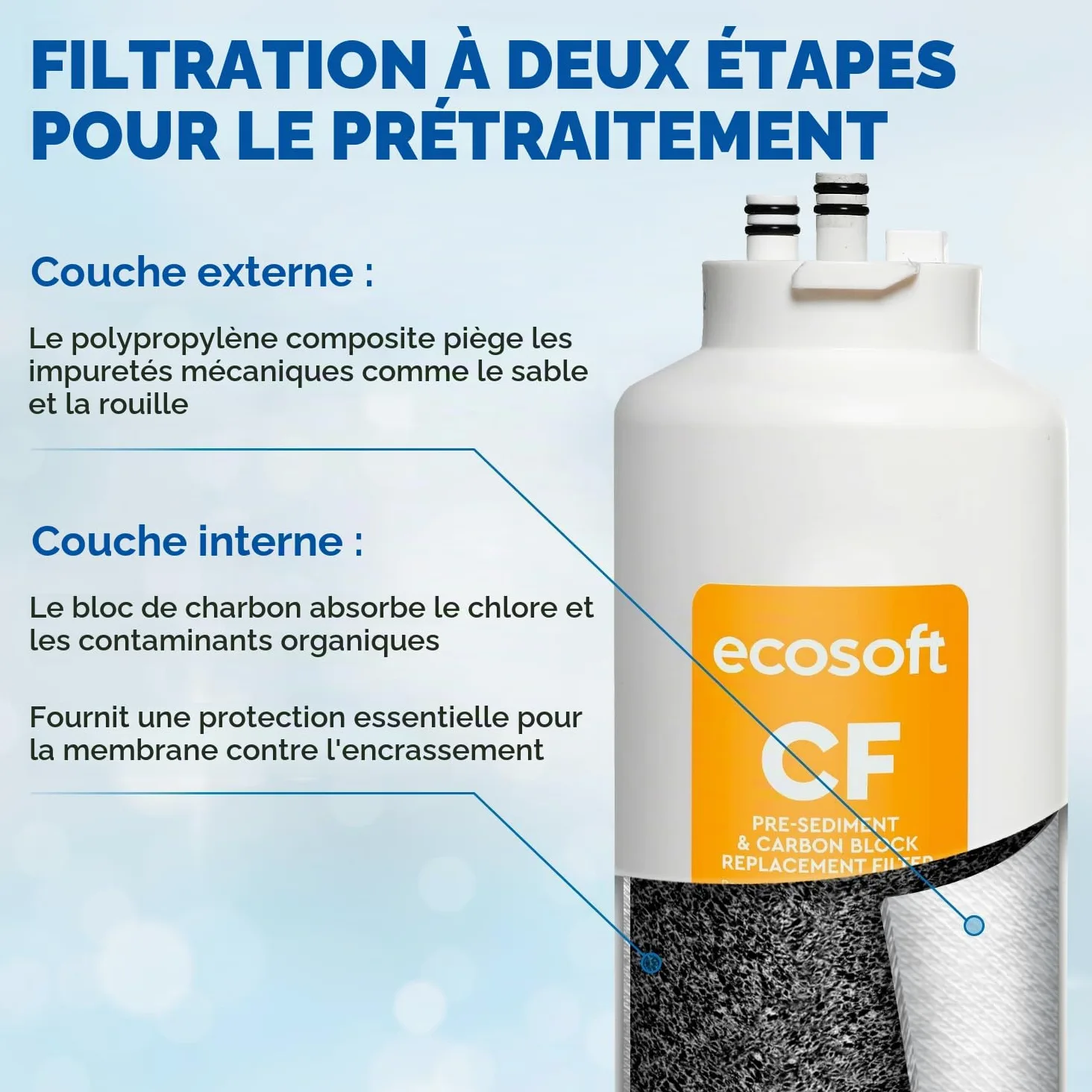 Ecosoft CF Préfiltre complexe pour filtres CROSS, élimination des sédiments et du chlore, installation facile pour système d'osmose inverse CROSS 90, remplacement tous les 12 mois
