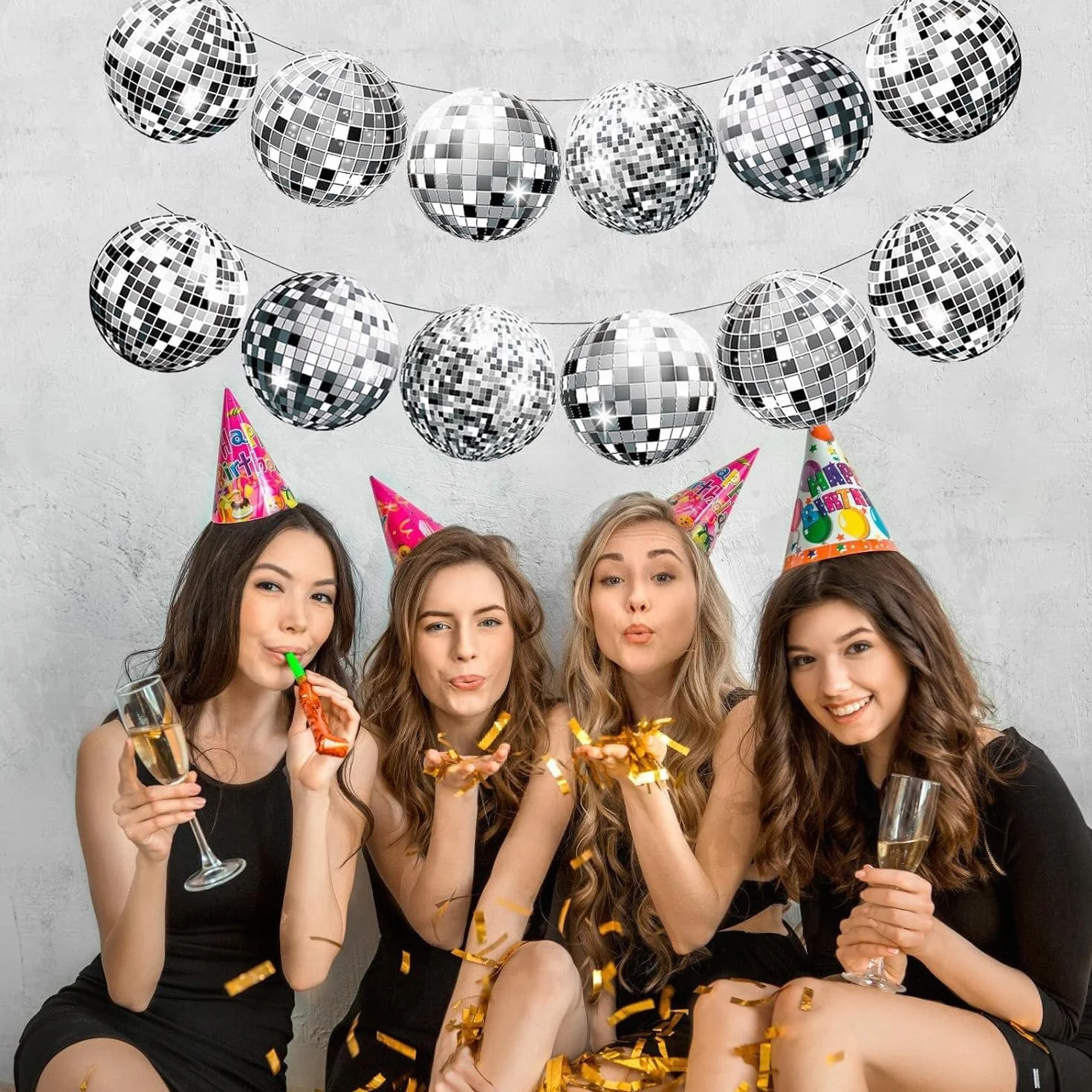 Guirlande Décoration Disco 2 Bannières Boules Paillettes Argentées 6 Spirales Suspendues Fête Années 70 80 90