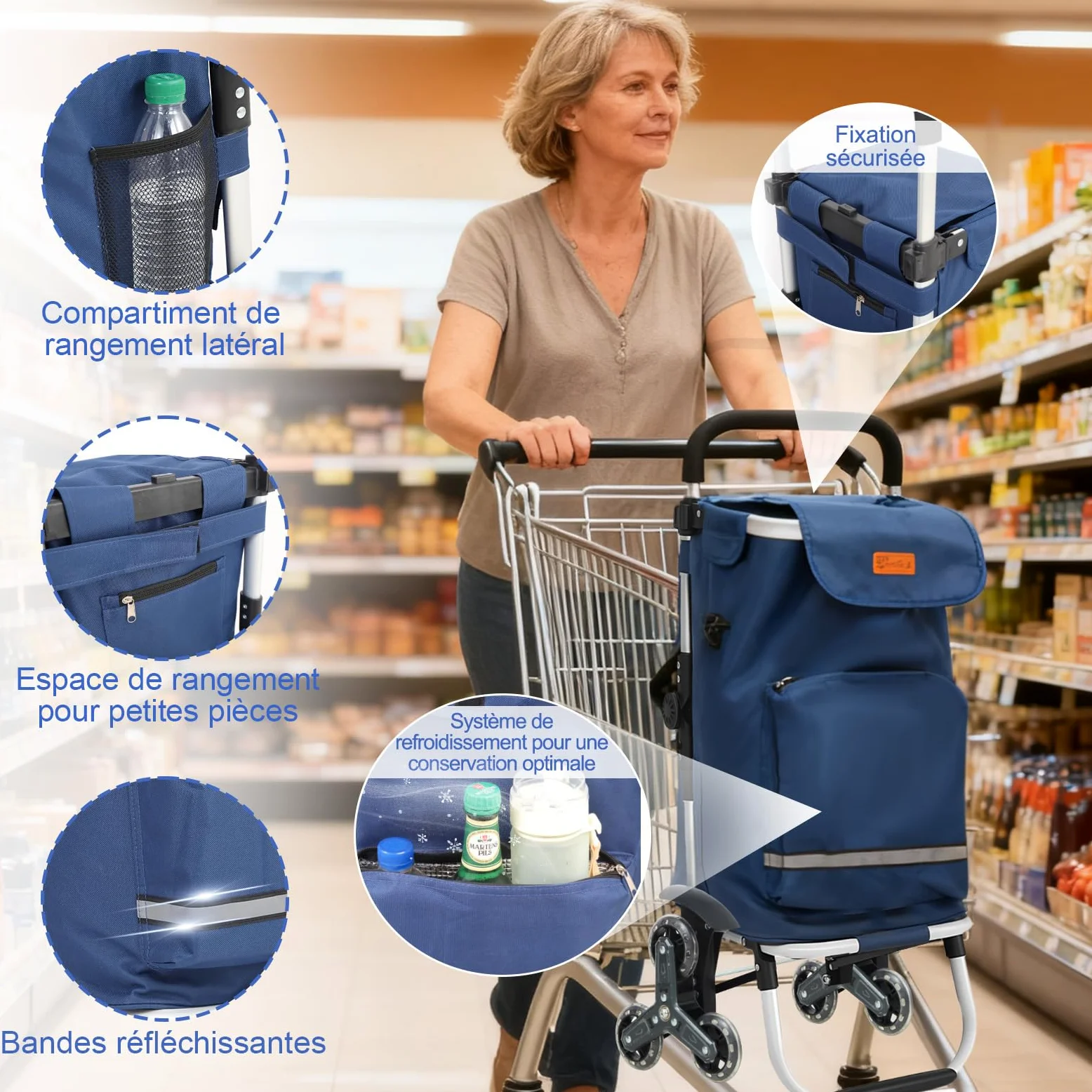 Sekey Chariot de Courses 3 Roues Monte Escalier Pliable 3 en 1, Caddie Isotherme avec Sac Amovible, Diable et Trolley, Grande Capacité, Léger et Solide, Idéal Courses et Seniors – Bleu