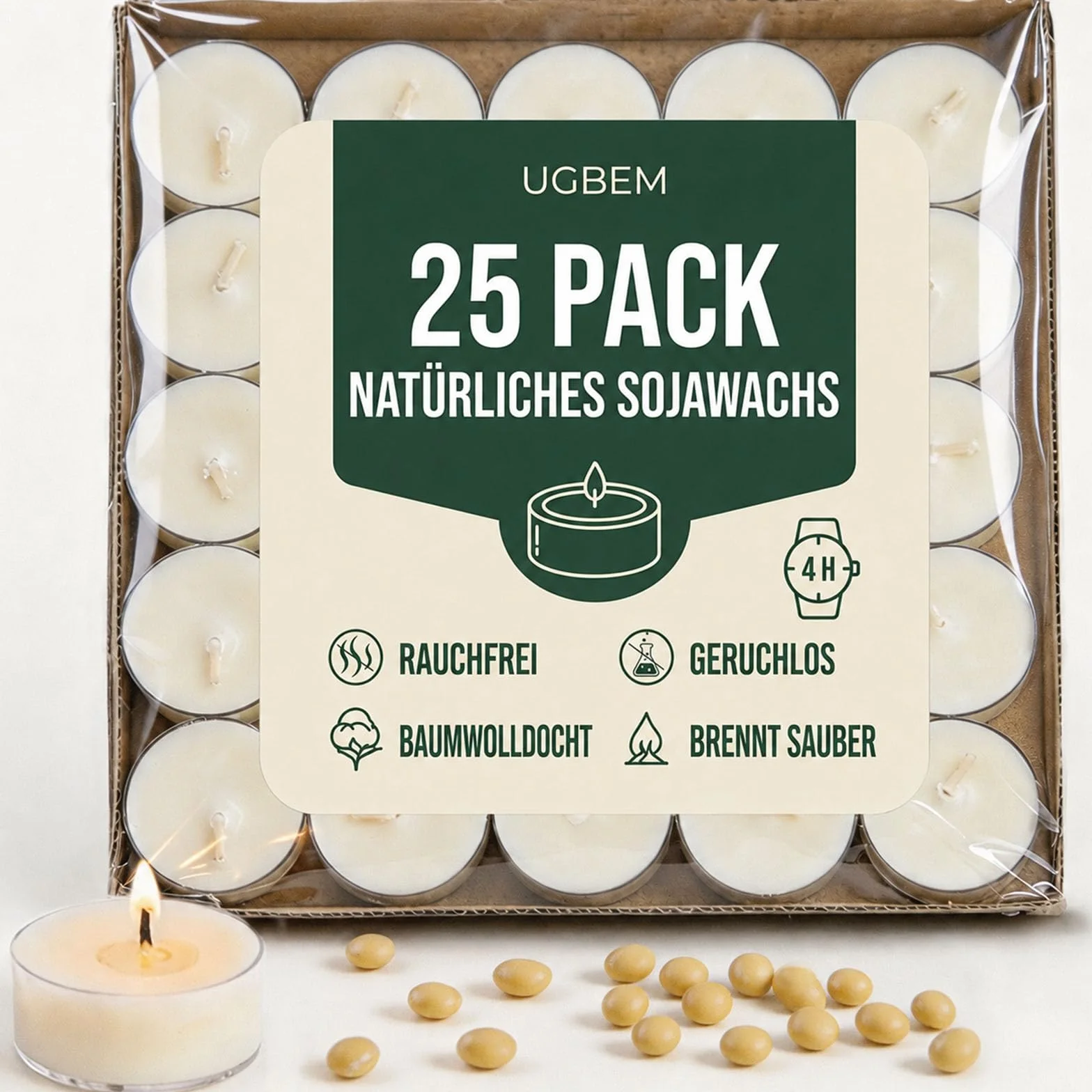 Bougies chauffe-plat naturelles en cire de soja, sans paraffine, 4 heures, lot de 25