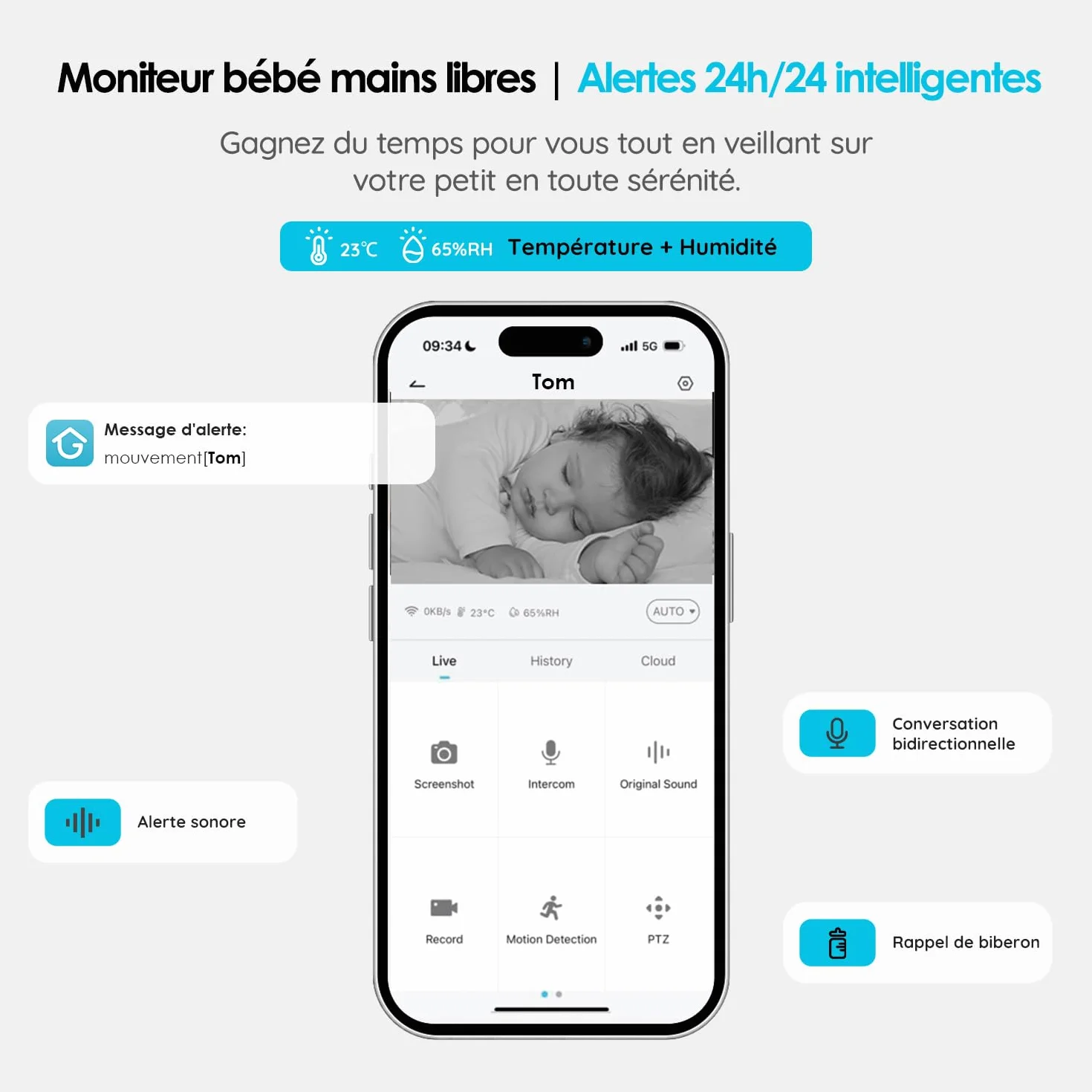 ieGeek Babyphone Caméra 1080P 5" PTZ 355° Visiophone avec Alertes Intelligentes Vision Nocturne Suivi Automatique