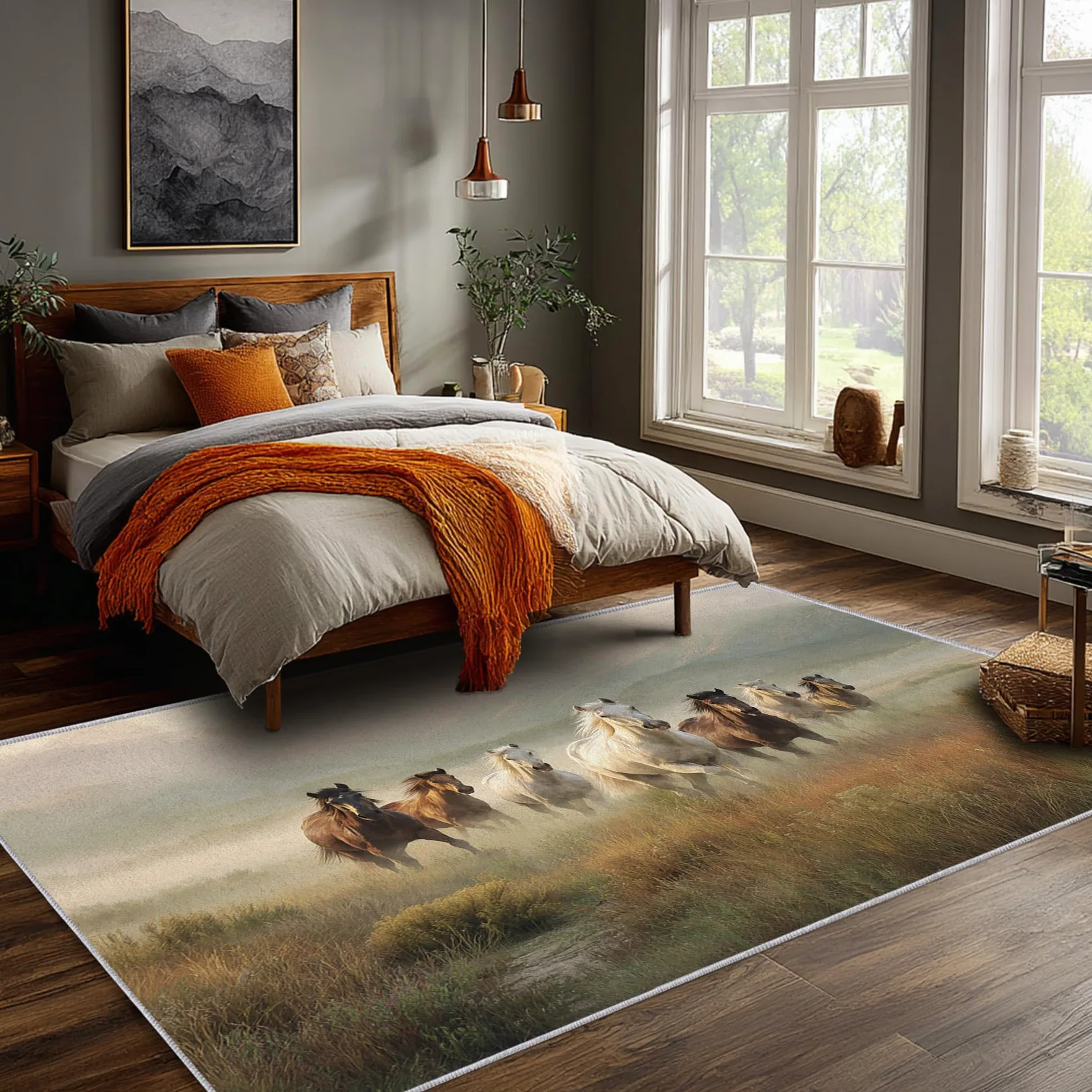 Générique Tapis Cheval, Tapis Salon Motif Chevaux au Galop 140x200 cm, Pile Courte, Antidérapant, pour Carpette Chambre, Descente de Lit, Lavable Interieur, Decoration Maison A(459)