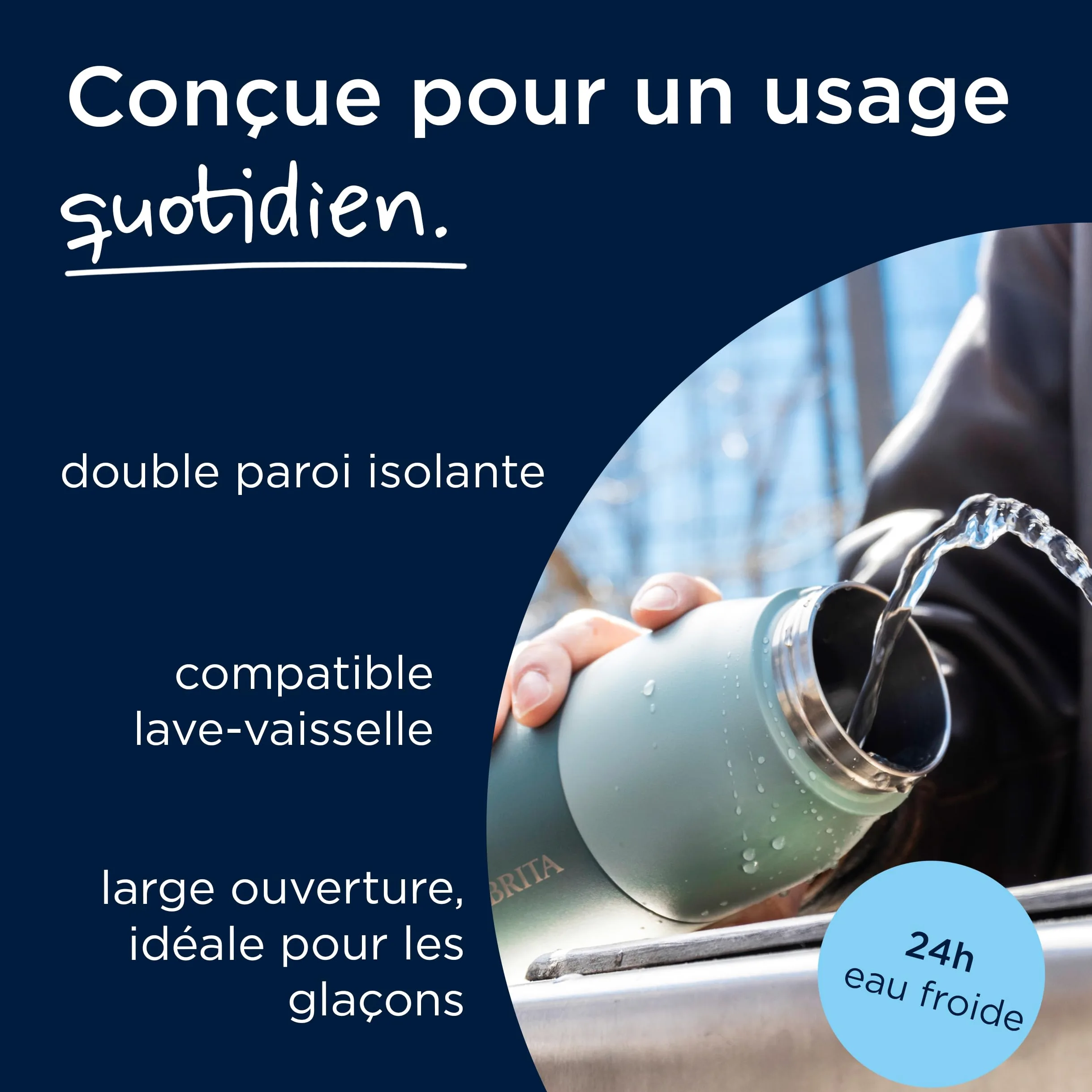 BRITA LARQ Essential gourde isotherme Verte (1000 ml) en acier inoxydable avec paille intégrée, double paroi isolante,(conserve l'eau froide 24h), poignée amovible soft-touch
