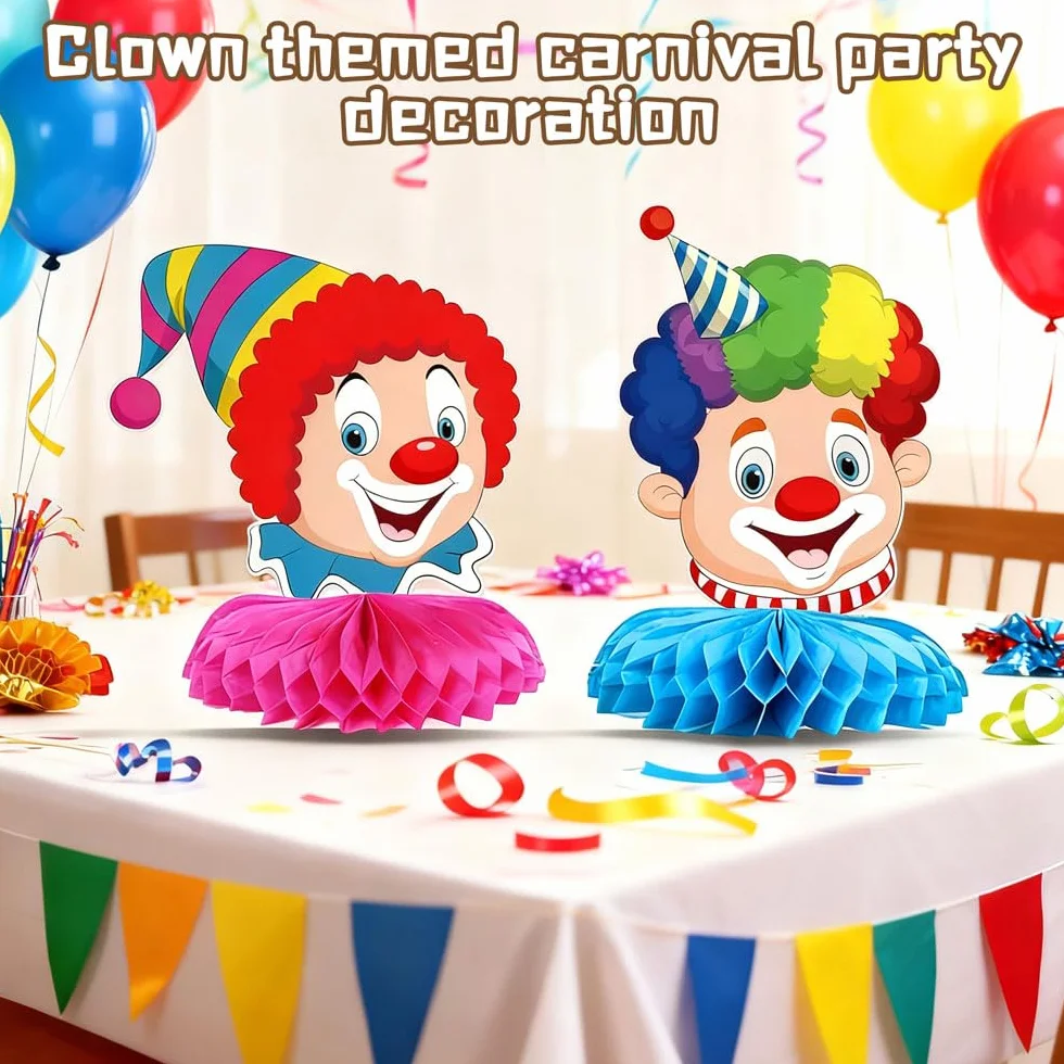Décoration de Carnaval Clown, 9 Pièces Décorations de Table Nid d'Abeille 3D, Cirque Animal, Anniversaire (6Pcs)