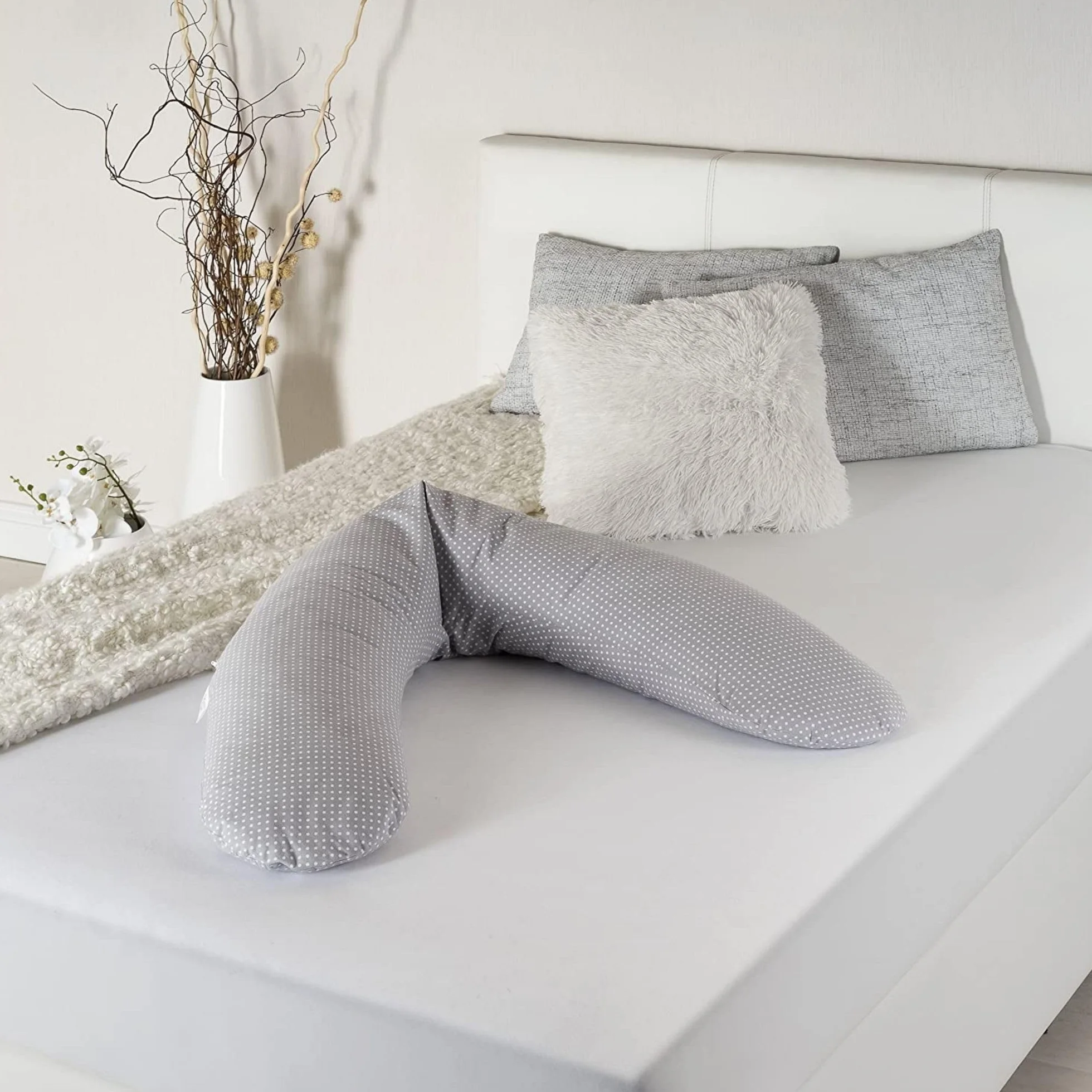 Theraline Coussin Allaitement Dodo Pillow Premium 180 cm Housse Coton Fines Billes Silencieuses Déhoussable Pois Gris