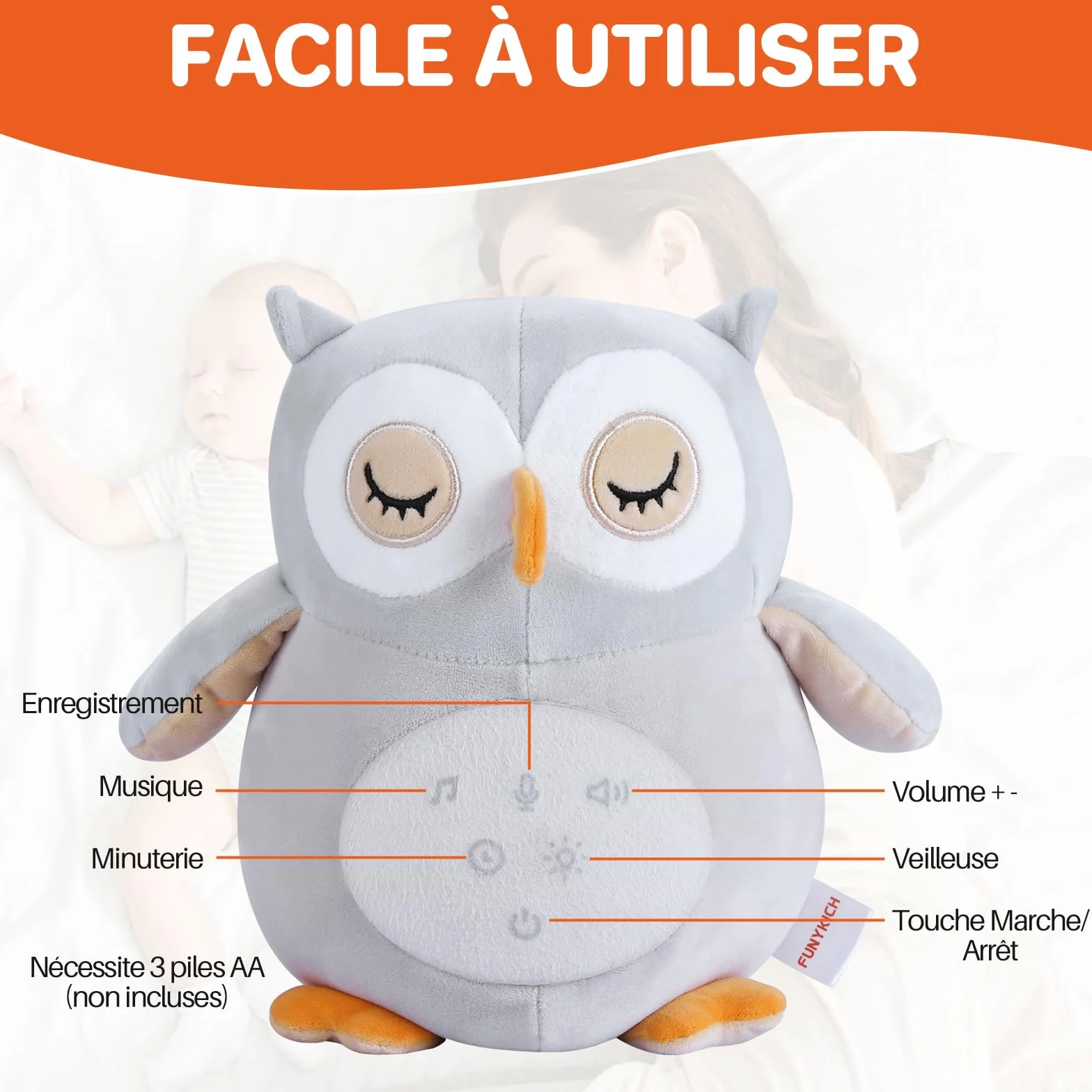 Peluche Hibou Apaisante avec Bruit Blanc pour Bébé Jouet Musical Lumineux Veilleuse Lavable en Machine