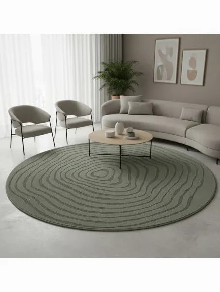 Tapis Rond Moderne à Relief Fluide avec Lignes organiques superposées - Dimension 120 cm Ronde, Couleur Vert