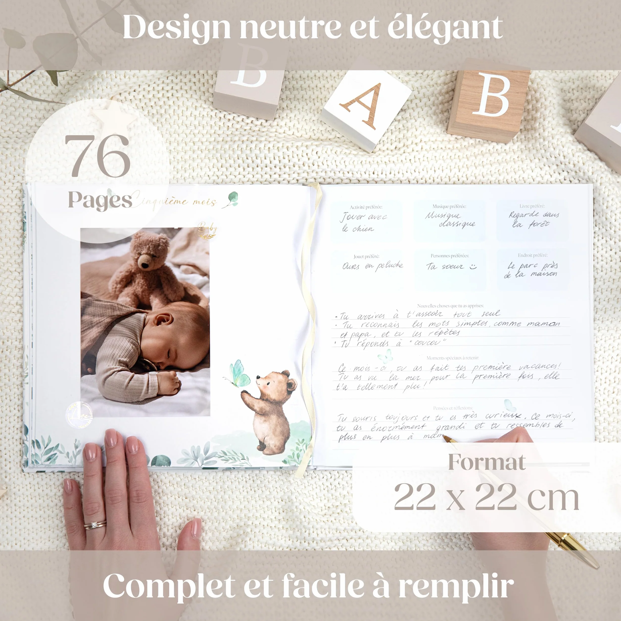 Livre de Naissance Bébé 76 Pages Stickers Dorés - Album Souvenir Photos Écrire Cadeau Fille Garçon